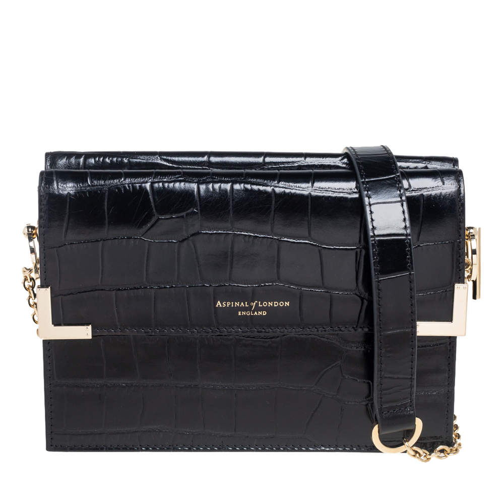 Aspinal Of London Black Croc Embossed Leather Chelsea Shoulder Bag