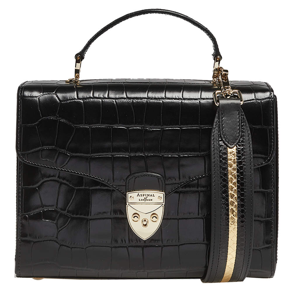 Pre Owned Aspinal Of London Black Croc Embossed Leather Mayfair Top Handle Bag
