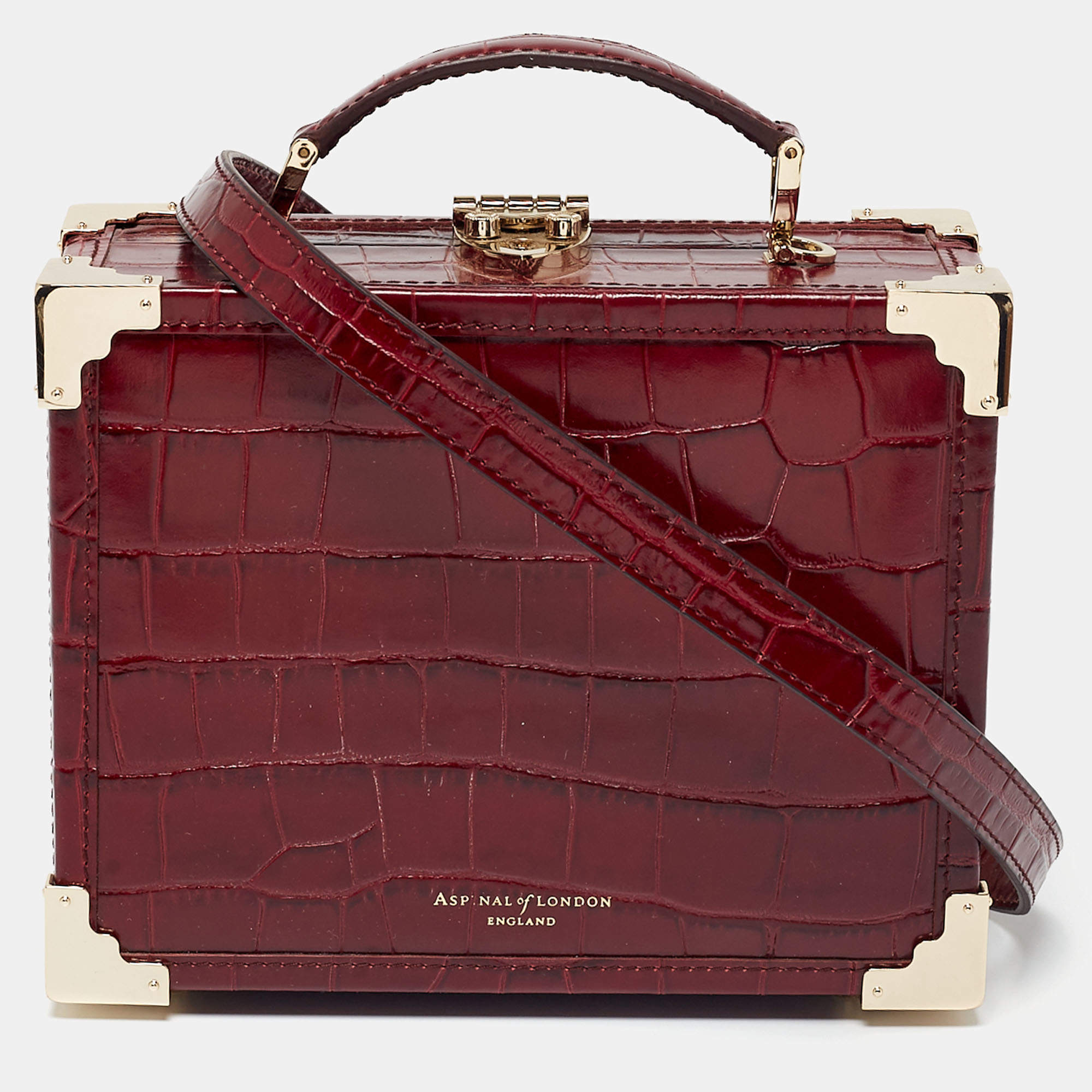 Aspinal of London Red Croc Embossed Leather Mini Trunk Top Handle Bag