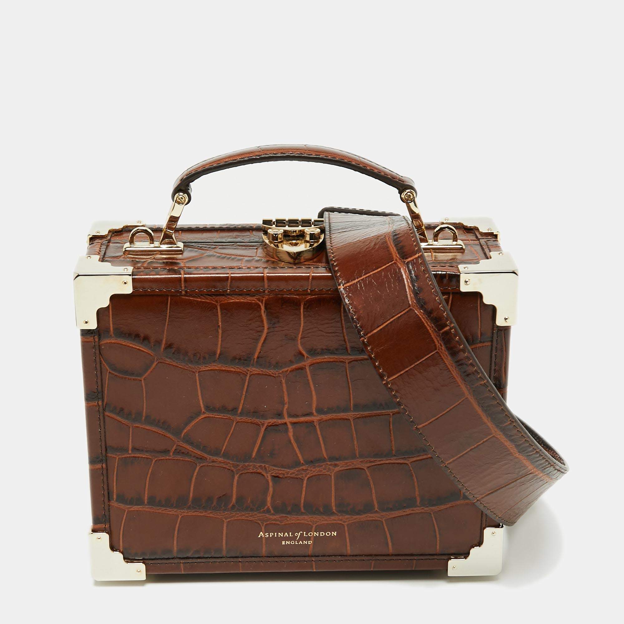 Aspinal of London Brown Croc Embossed Leather Mini Trunk Top Handle Bag