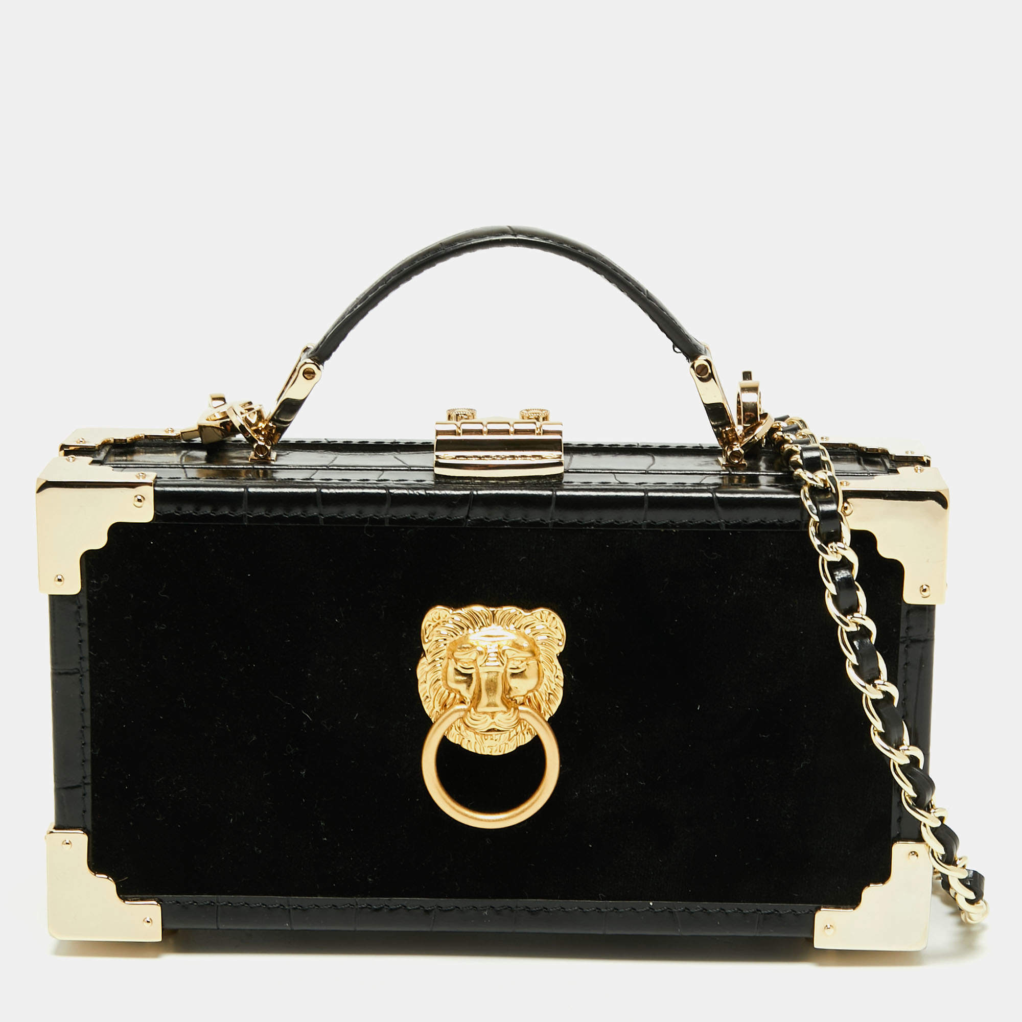 Aspinal Of London Black Velvet and Croc Embossed Leather Lion Trinket Top Handle Bag