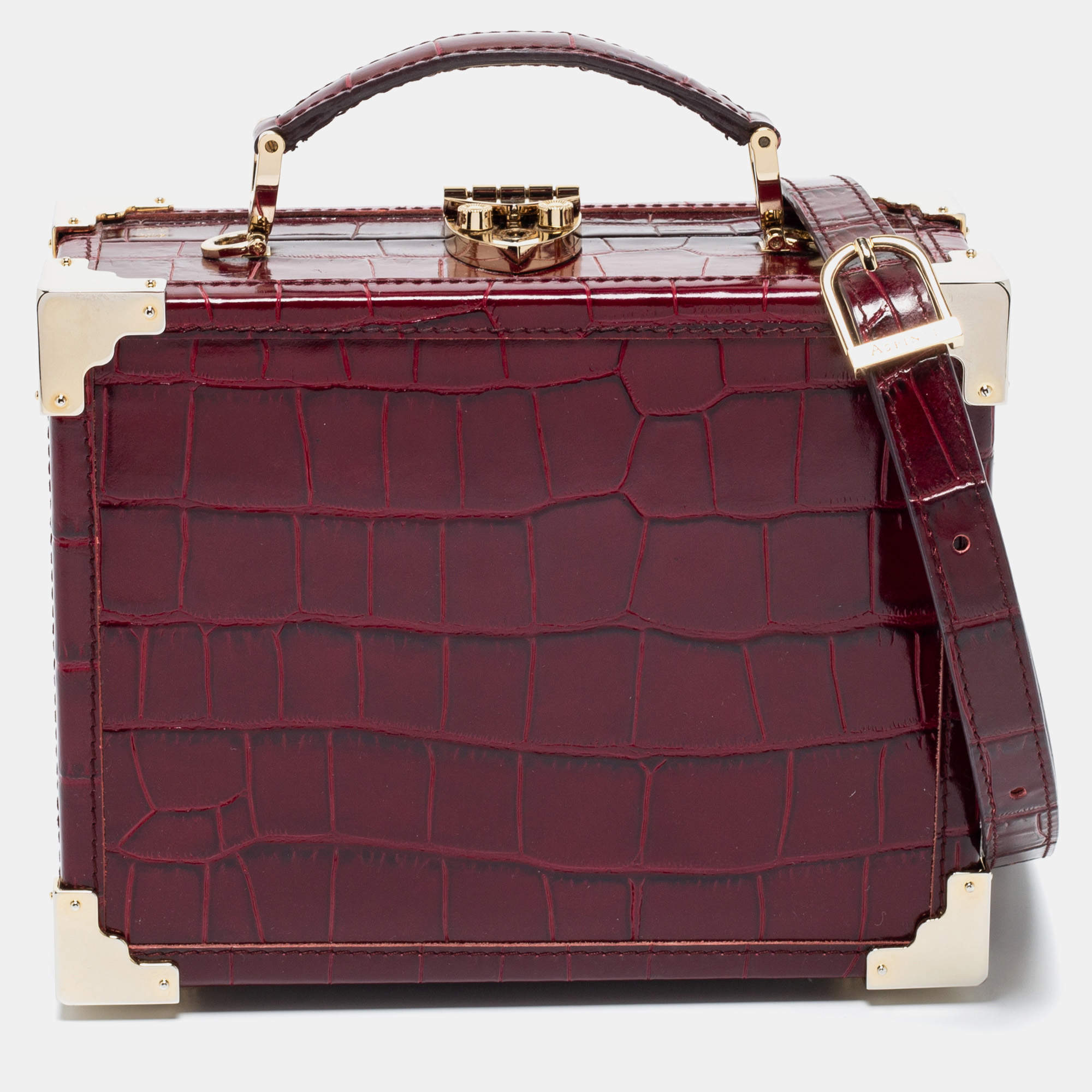 Aspinal Of London Burgundy Croc Embossed Leather Trunk Top Handle Bag