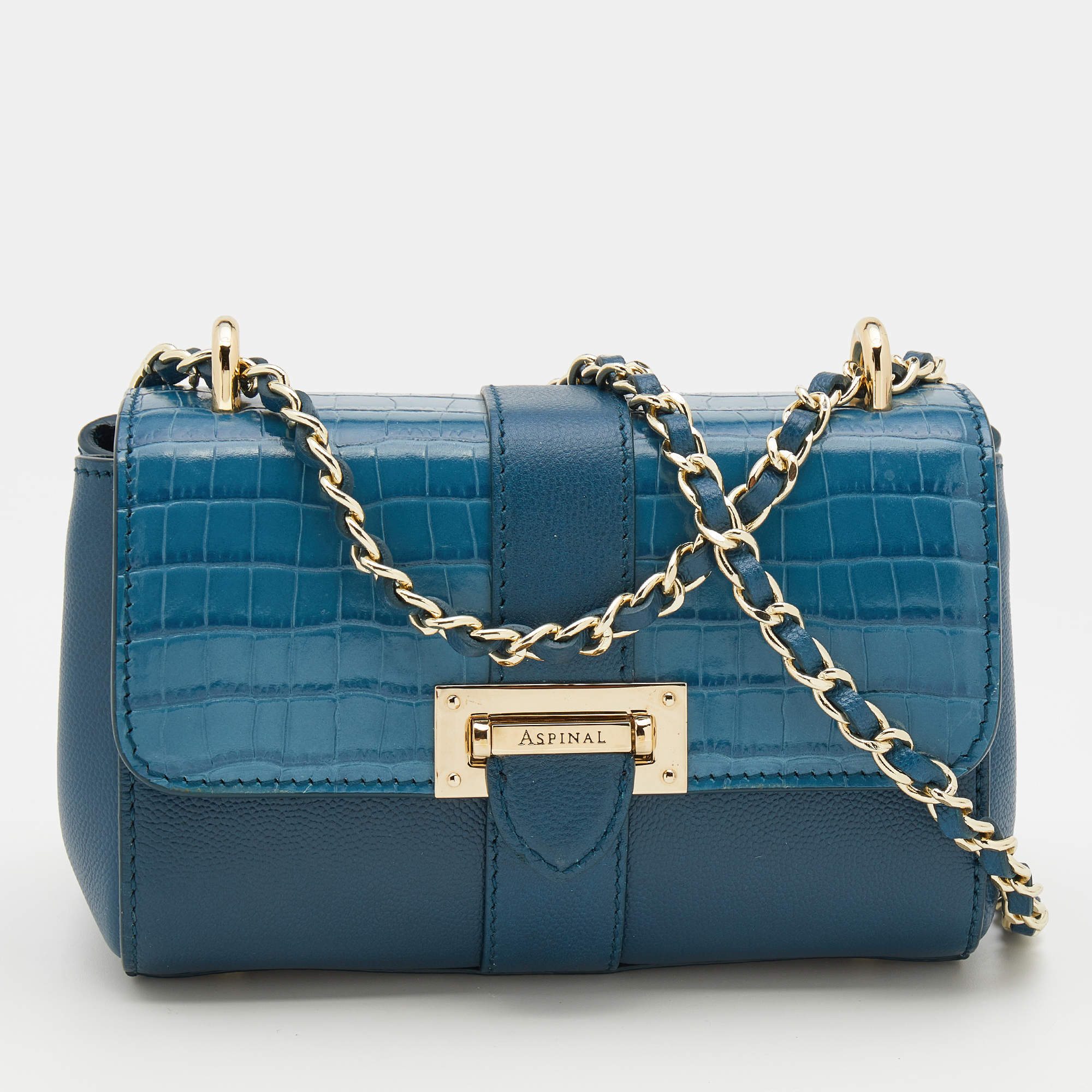 Aspinal Of London Blue Leather And Croc Embossed Leather Lottie Shoulder Bag