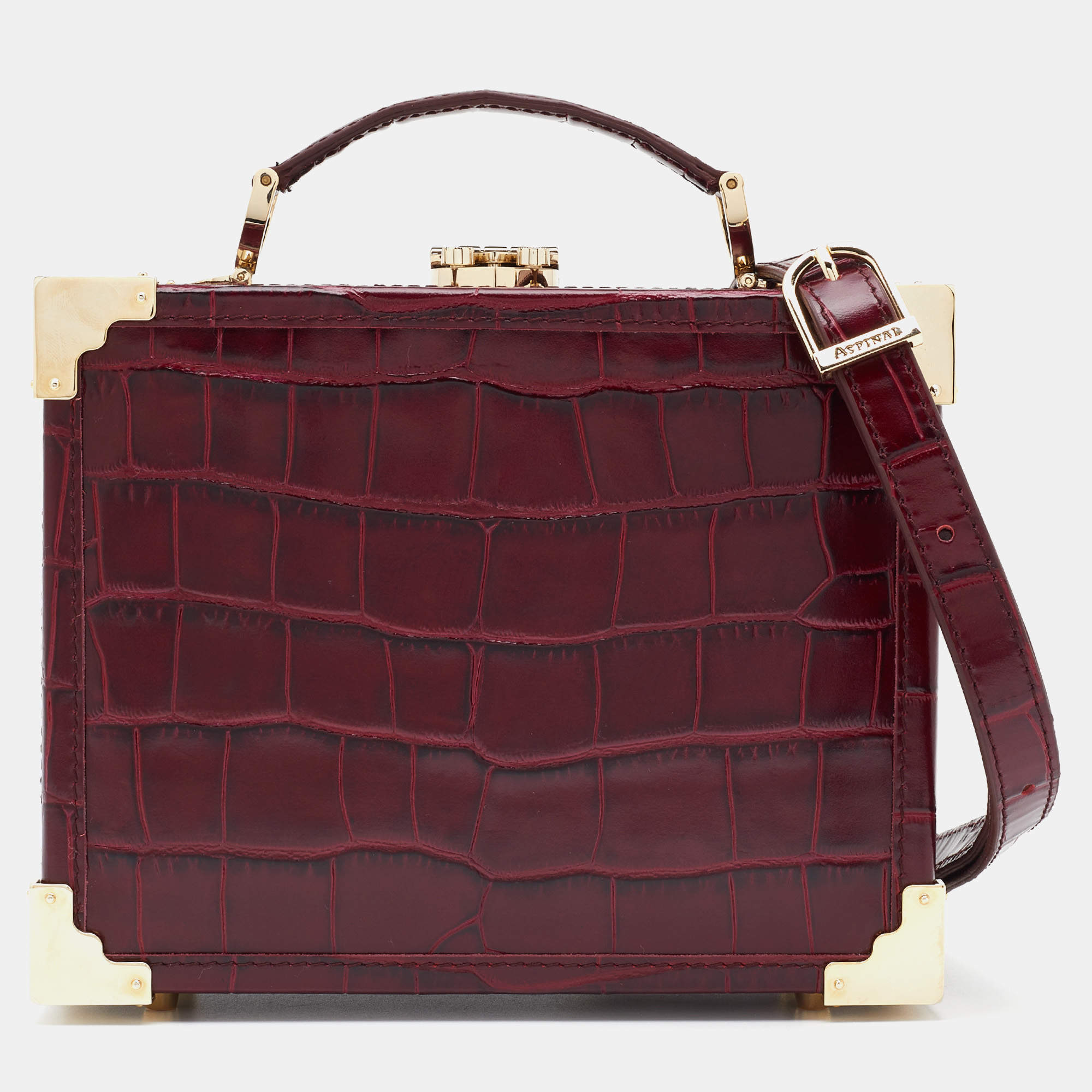 Aspinal Of London Burgundy Croc Embossed Leather Trunk Top Handle Bag