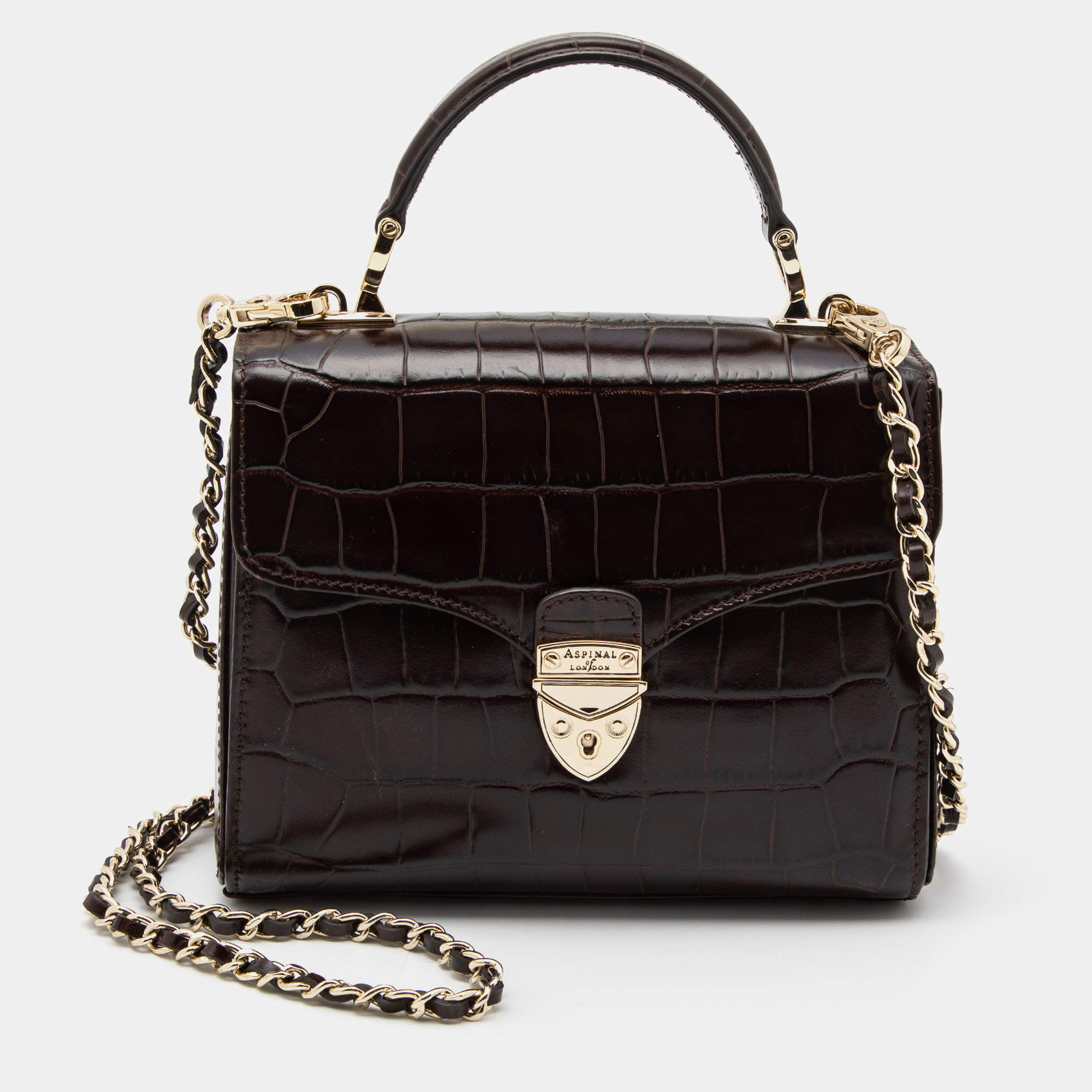 Aspinal of London Burgundy Croc Embossed Leather Small Mayfair Top Handle Bag