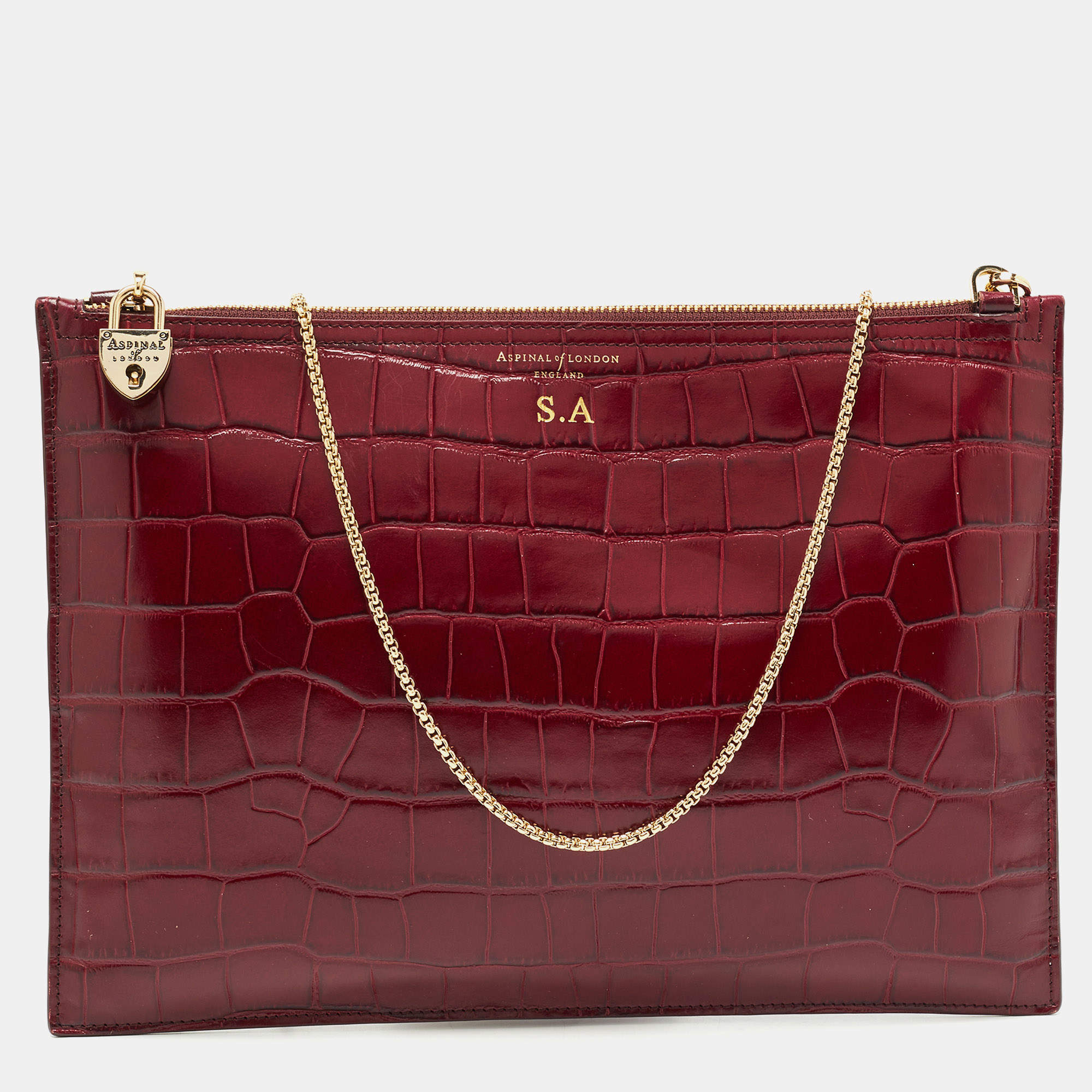 Aspinal Of London Dark Red Croc Embossed Leather Soho Clutch