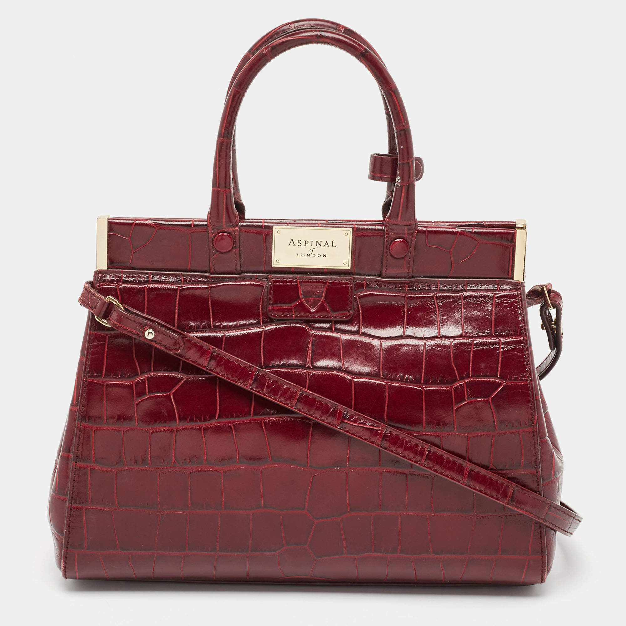 Pre Owned Aspinal Of London Burgundy Croc Embossed Leather Small Florence Snap Tote