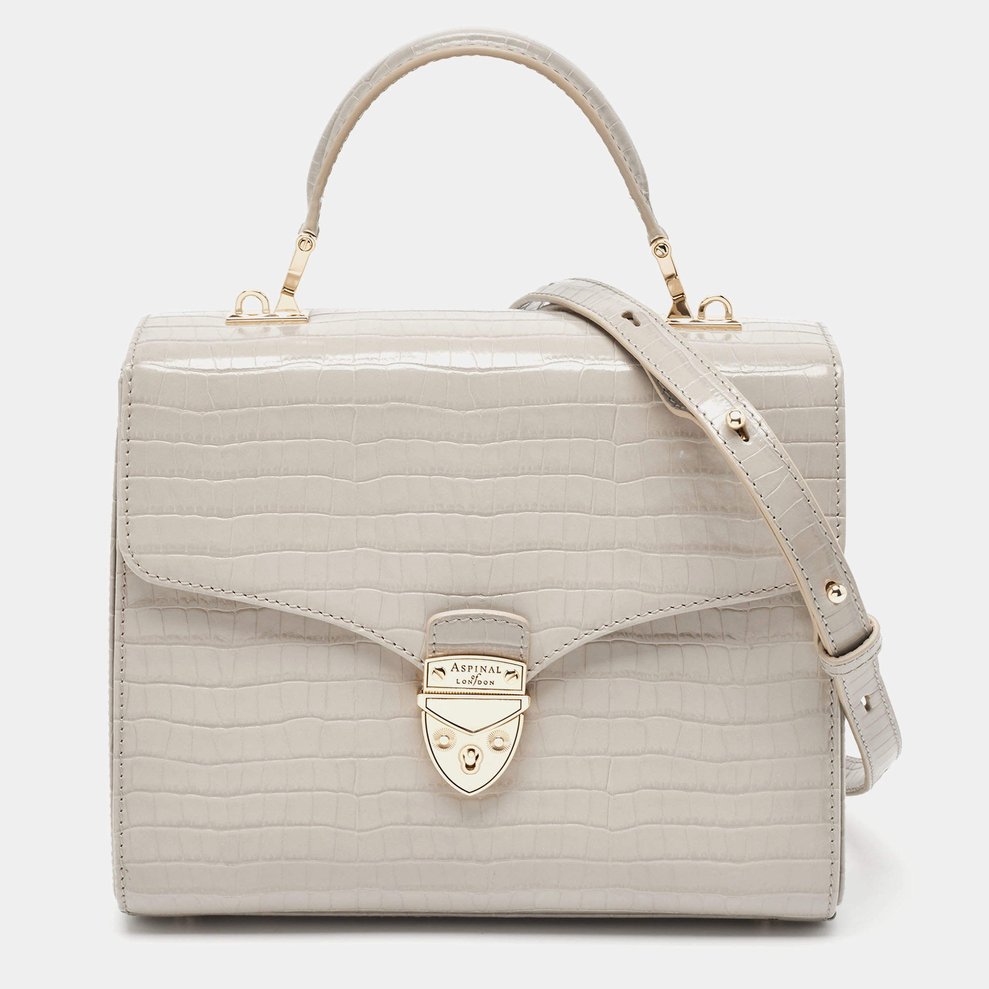 Aspinal Of London Grey Croc Embossed Leather Mayfair Top Handle Bag