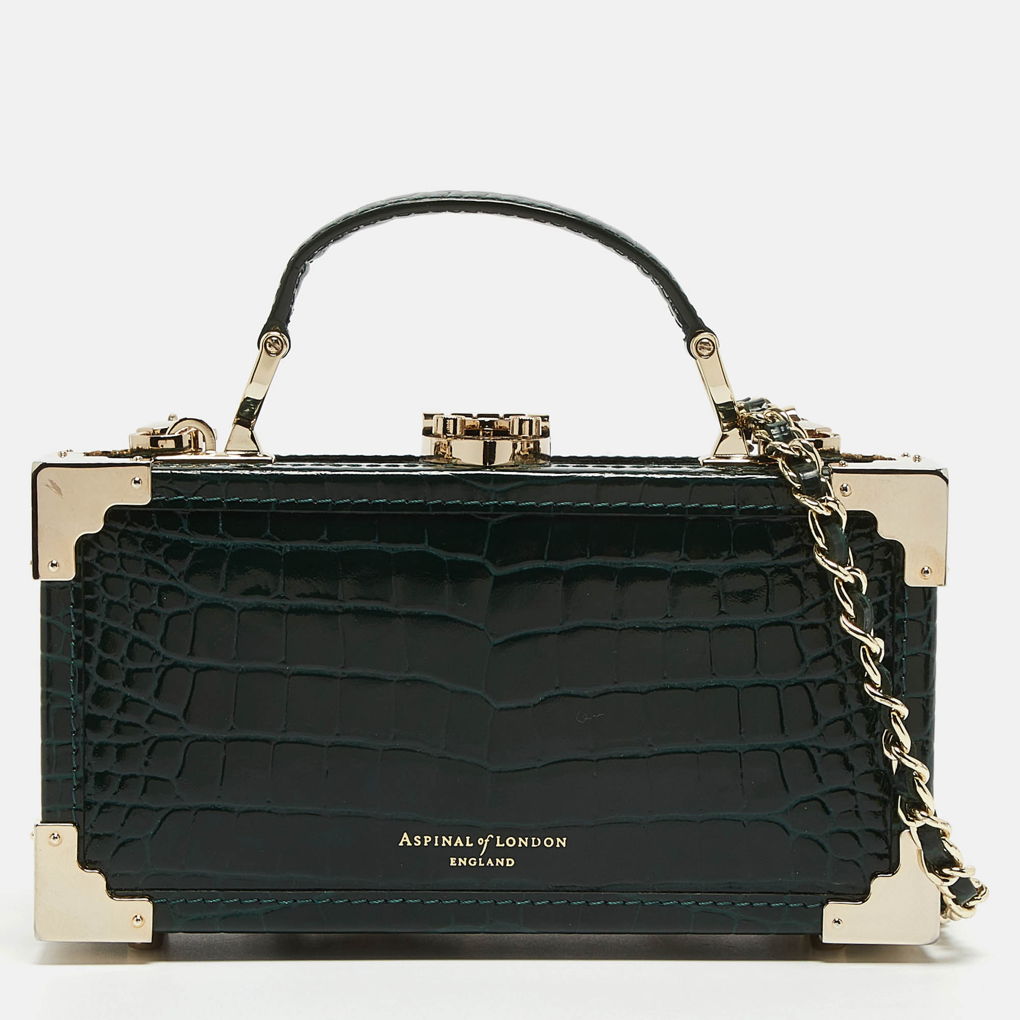 Aspinal of London Green Croc Emboosed Patent Leather Trinket Top Handle Bag 