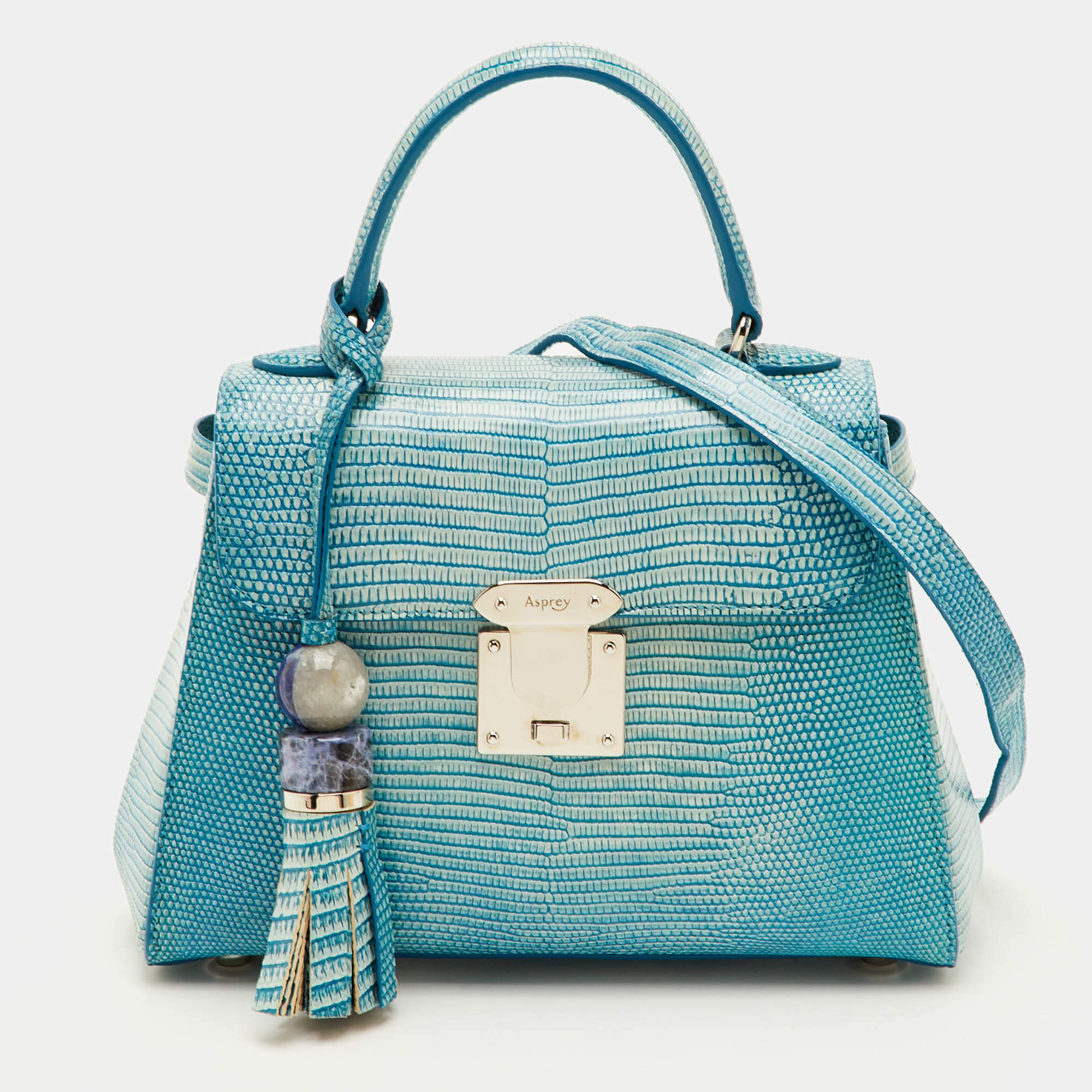 مملوكة مسبقًا Asprey 167 Mini Blue/White Lizard Top Handle Bag