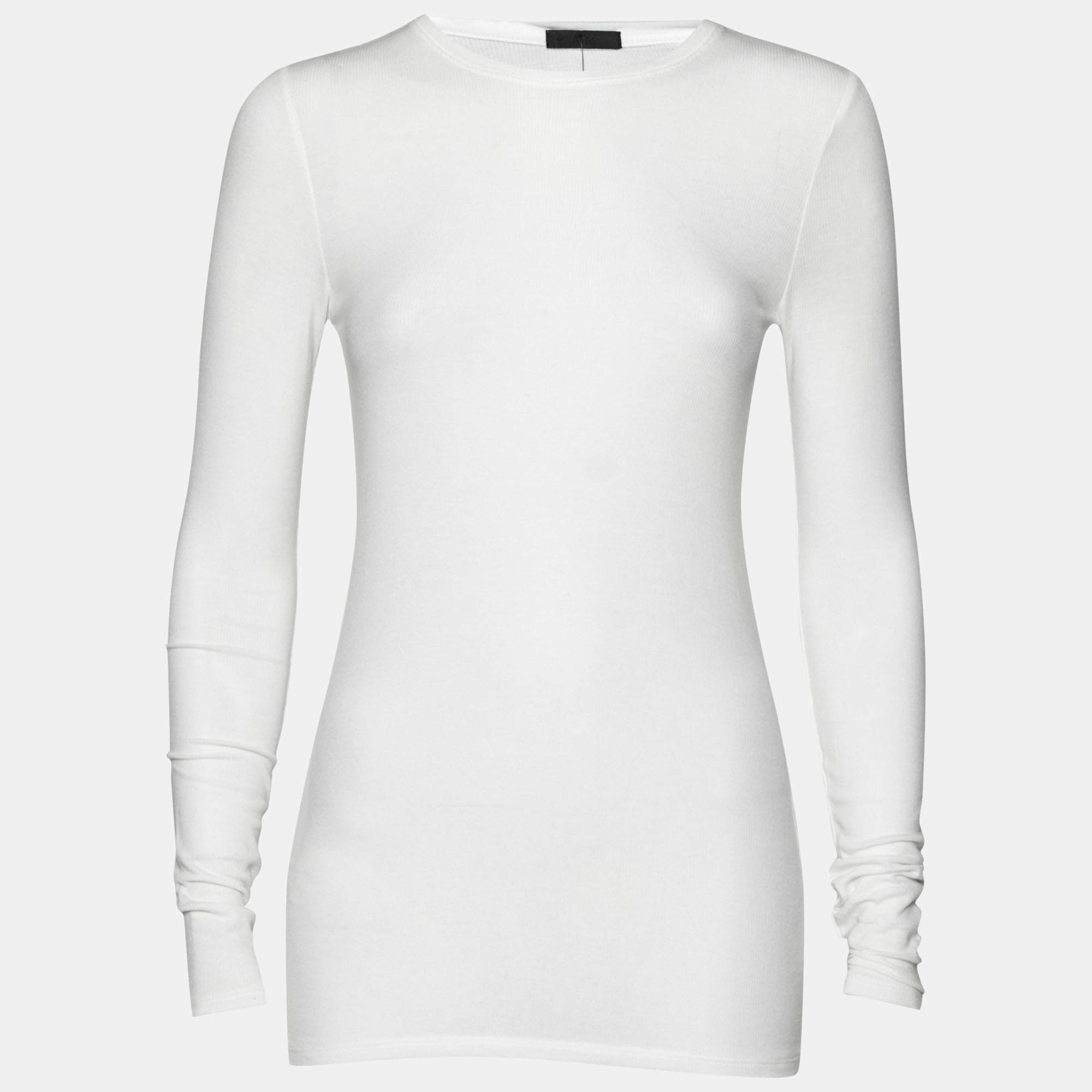 ATM White Rib Knit Long Sleeve Round Neck Top M