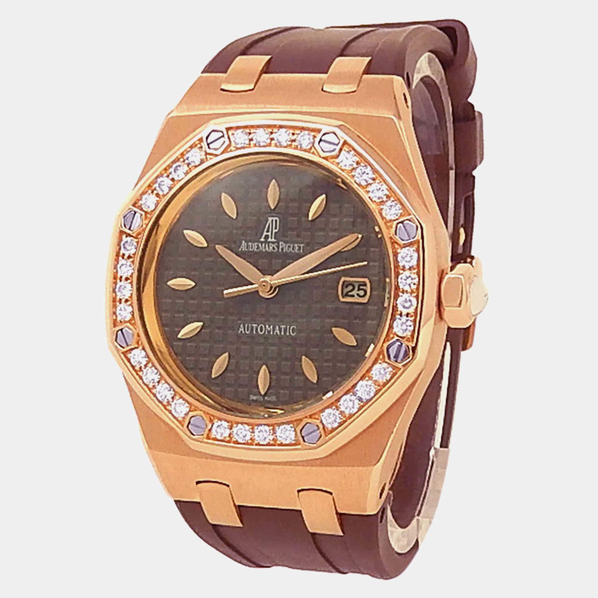 Pre Owned Audemars Piguet Royal Oak 77321OR.ZZ.D080CA.01 Brown Dial 18k Rose Gold Women's Wristwatch 33 mm