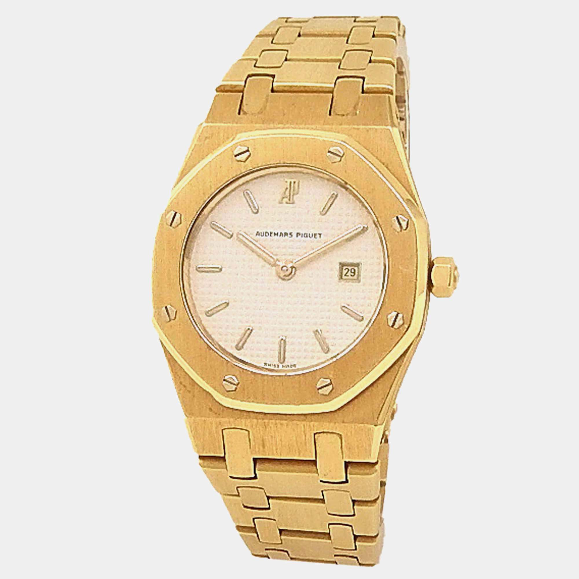 Pre Owned Audemars Piguet Royal Oak Quartz White Dial 18k Yellow Gold Women's Wristwatch 30 mm