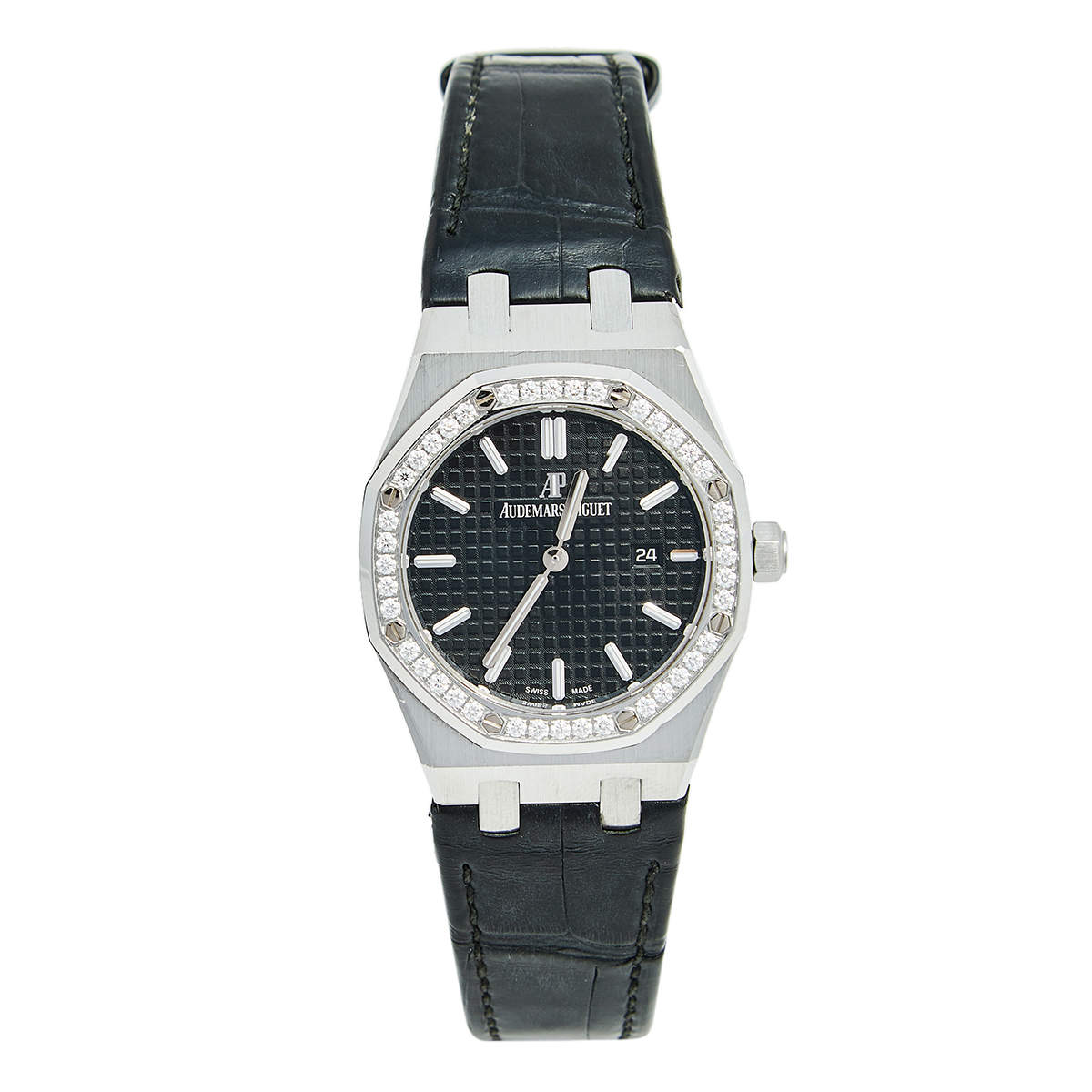 Pre Owned Audemars Piguet Black Stainless Steel Alligator Skin Leather Royal Oak 67651ST.ZZ.D002CR.01 Women's Wristwatch 33 mm