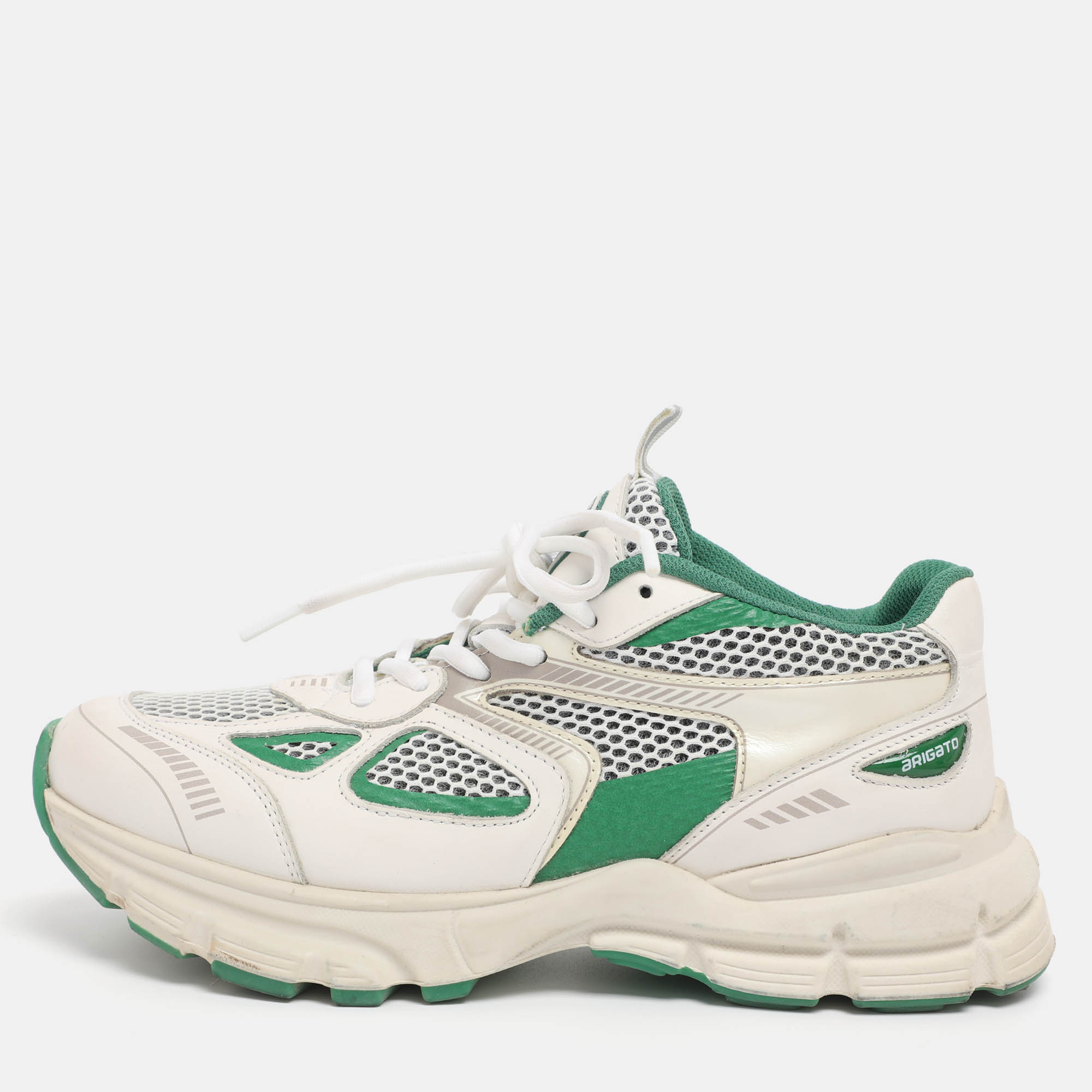 Pre Owned Axel Arigato White/Green Leather and Mesh Marathon Sneakers Size 39