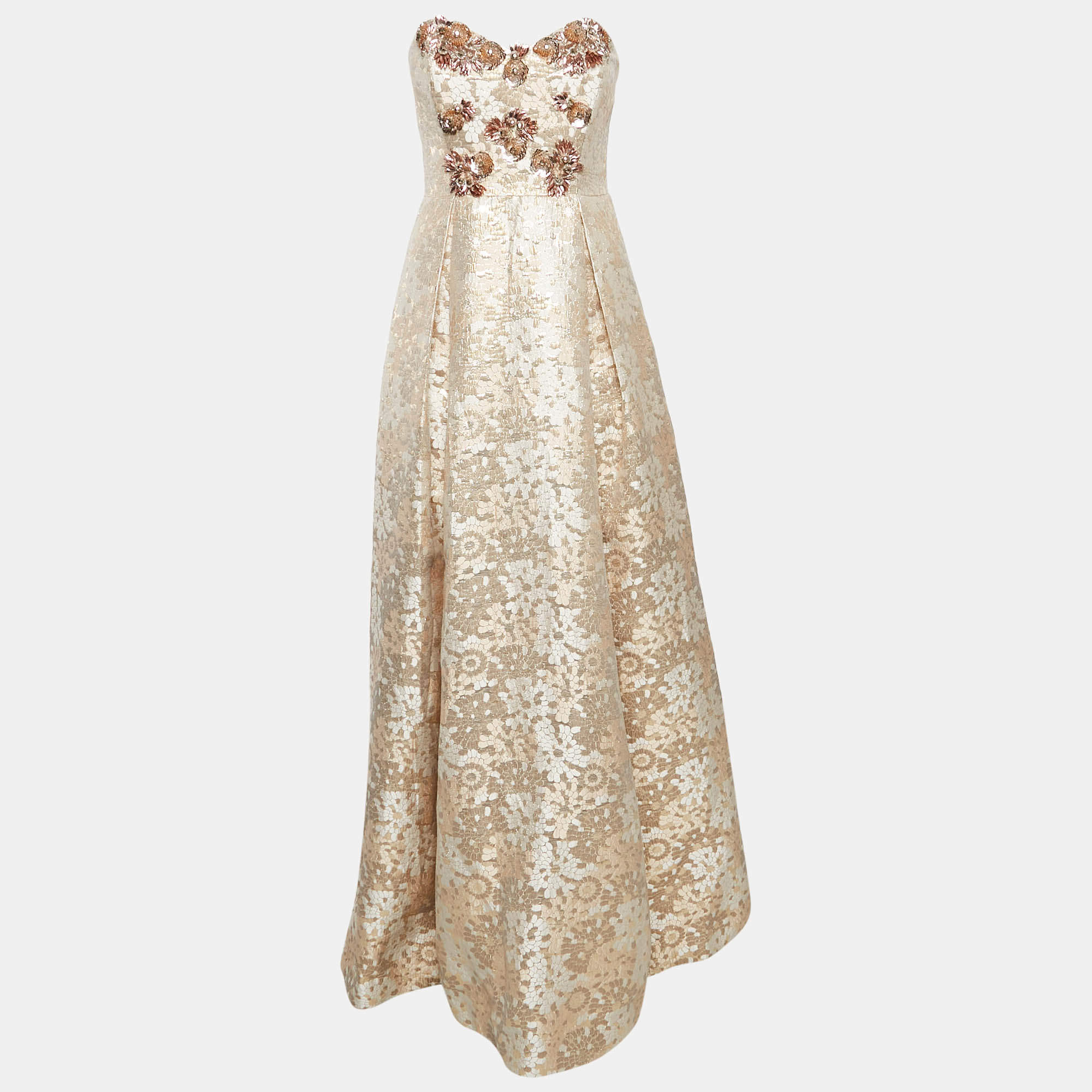 Badgley Mischka Rose Gold Sequin Embellished Brocade Strapless Gown M