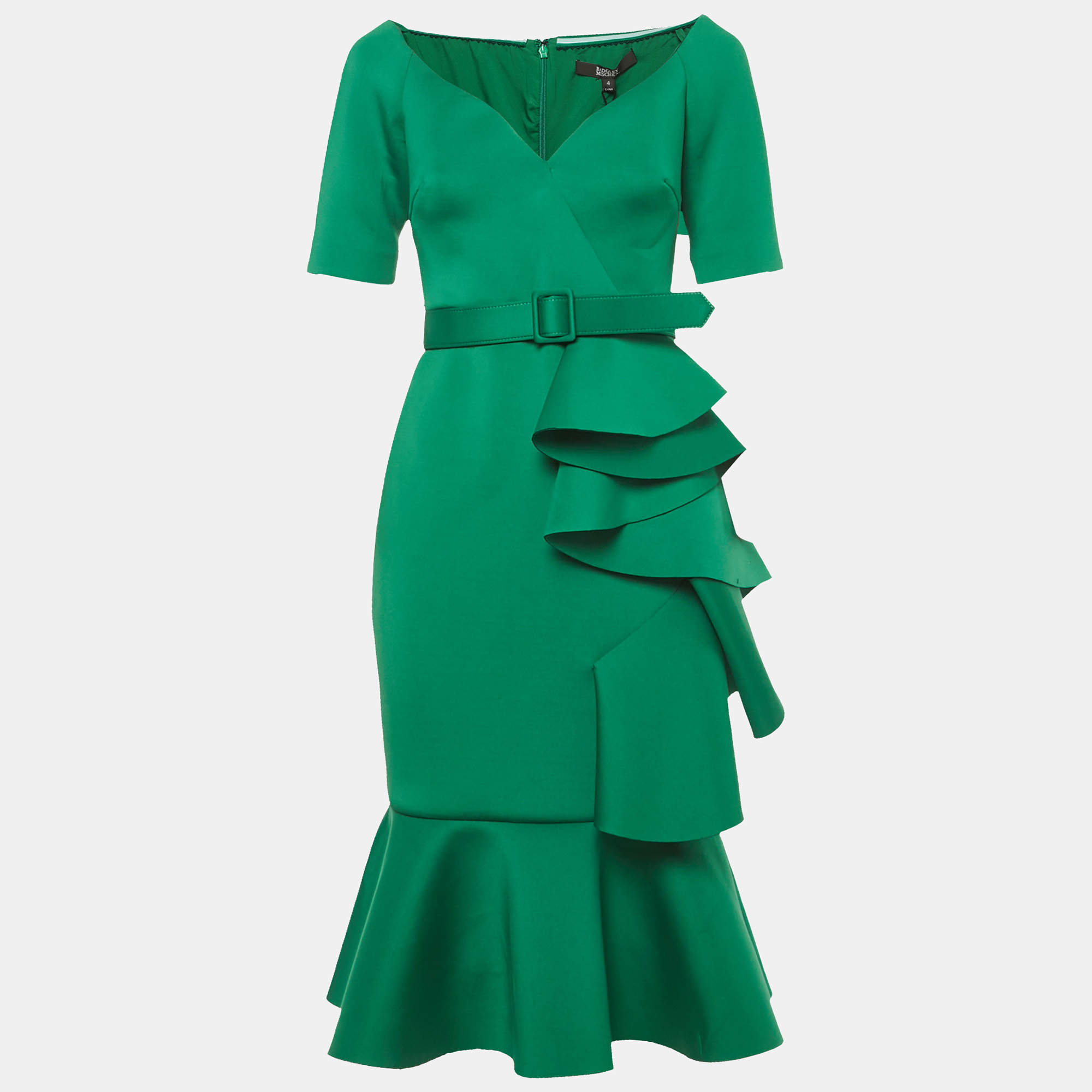 Pre Owned Badgley Mischka Green Neoprene Ruffled Midi Dress S