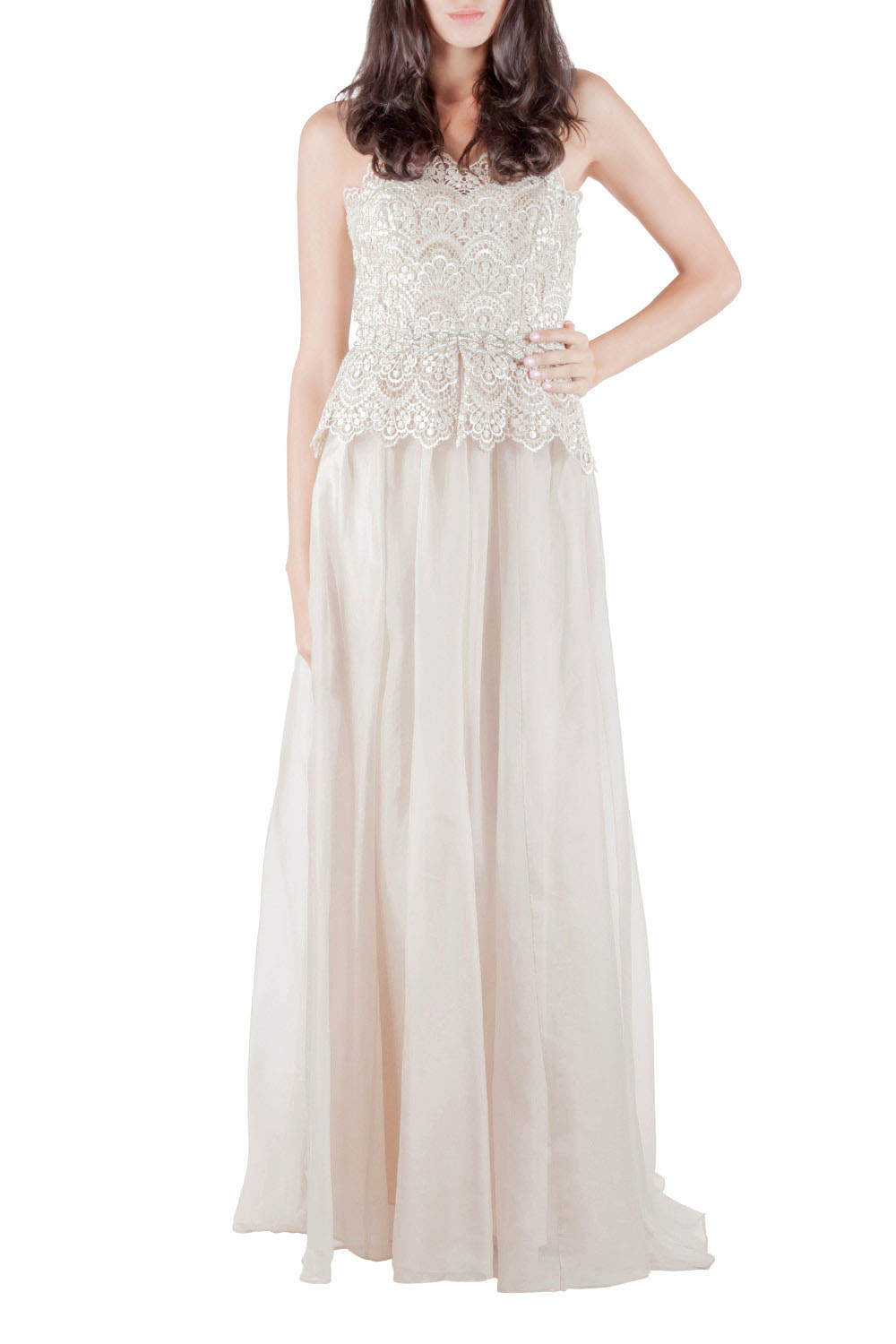 Pre Owned Badgley Mischka Collection Ivory Gold Embellished Peplum Lace Bodice Strapless Evening Gown S