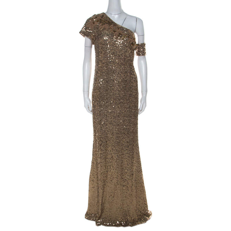 Badgley Mischka Gold Sequin Embellished Detail One Shoulder Gown XL ...