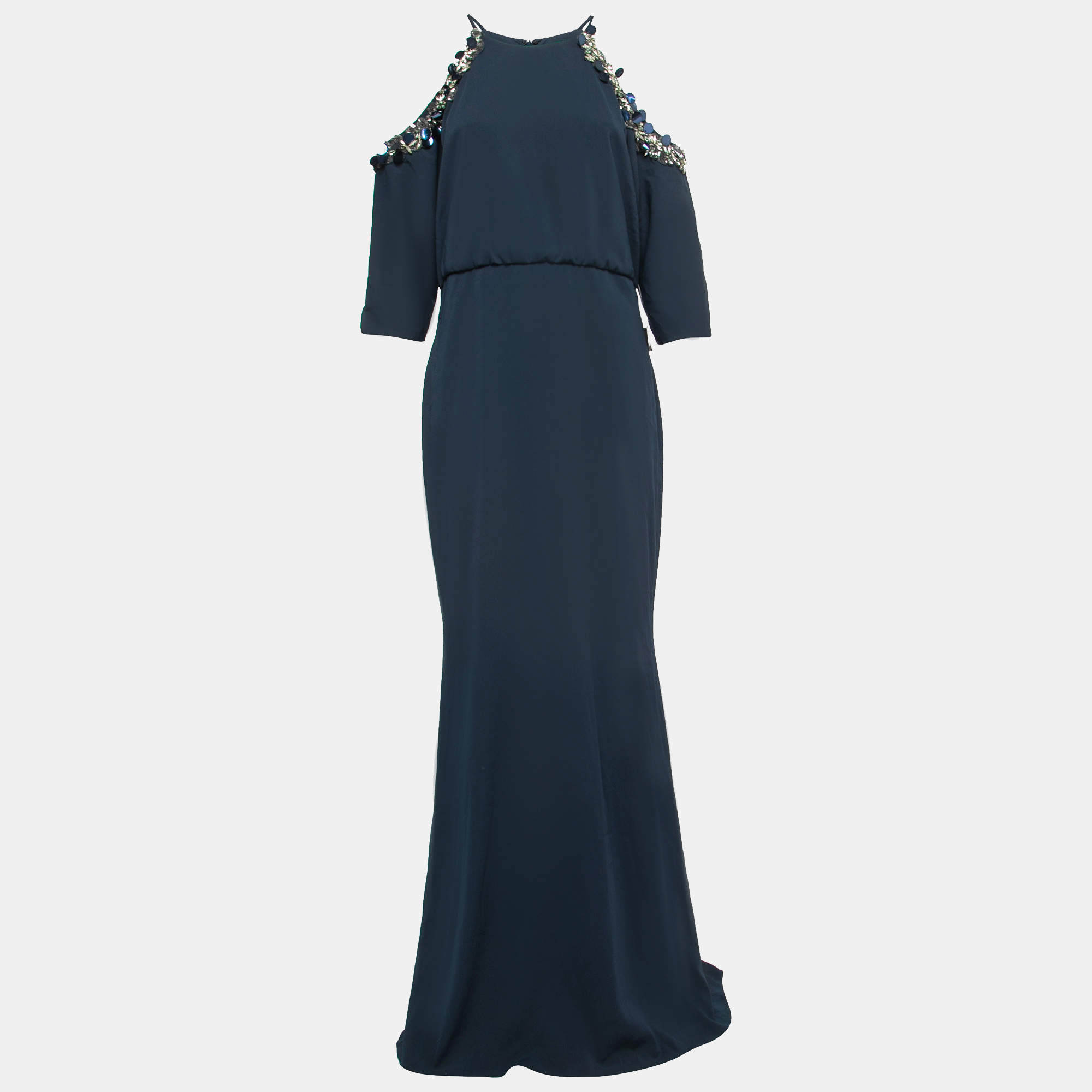 Badgley Mischka Navy Blue Crepe Embellished Gown XL