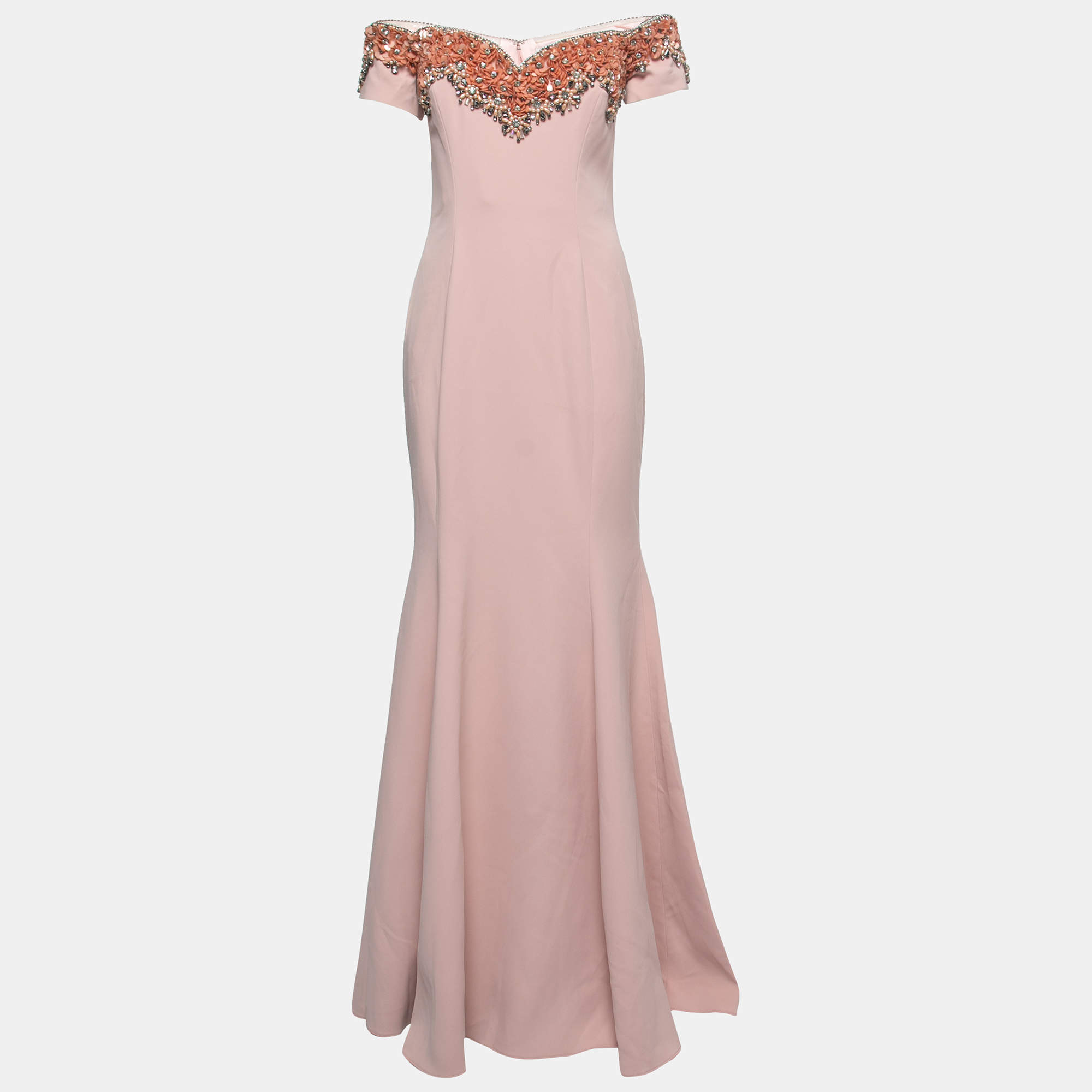 Badgley Mischka Couture Pink Crepe Embellished Gown M