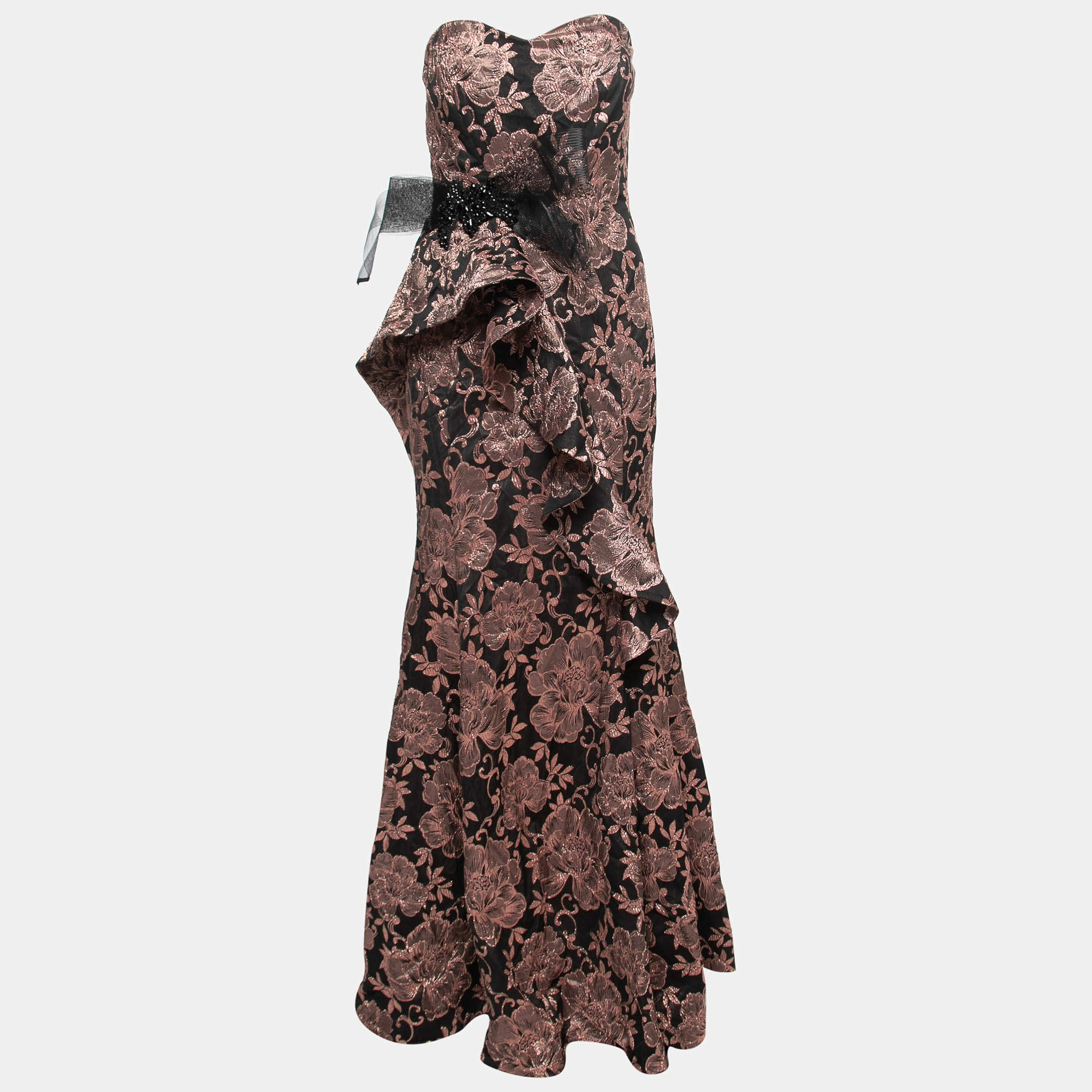 Badgley Mischka Couture Metallic Floral Jacquard Embellished Strapless Gown L