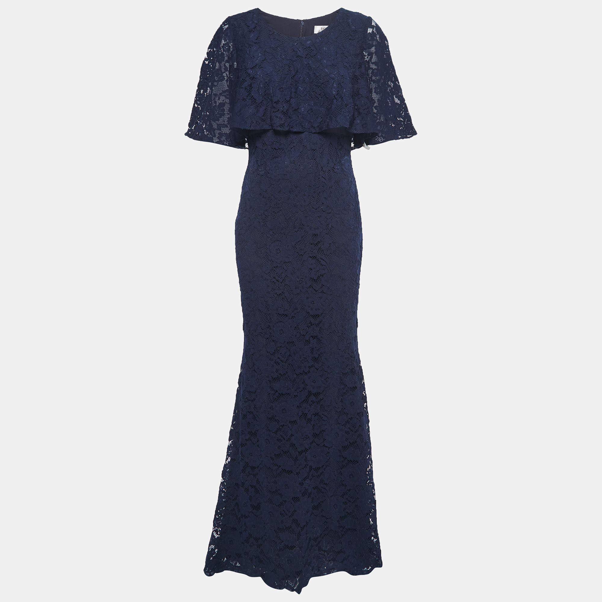 Badgley Mischka Navy Blue Lace Cape Gown S