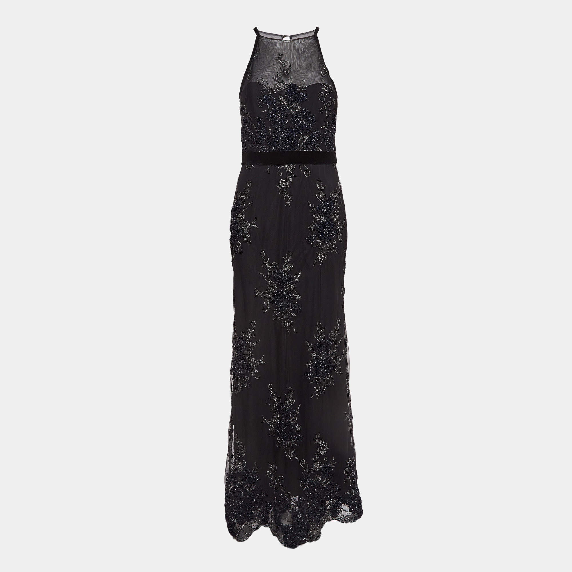Pre Owned Badgley Mischka Black Embroidered Tulle Halter Neck Gown M