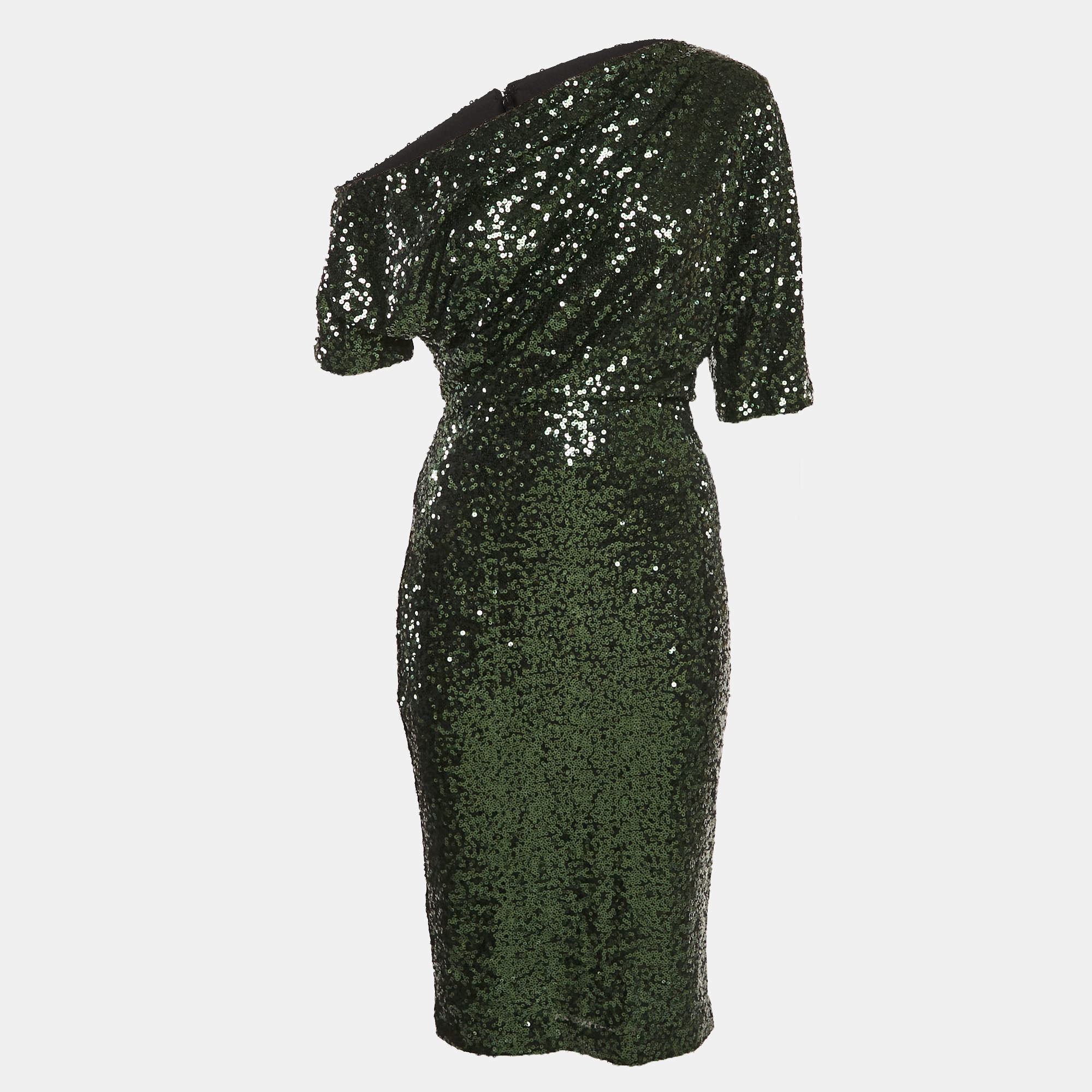 Badgley Mischka Green Sequin One-Shoulder Short Dress M