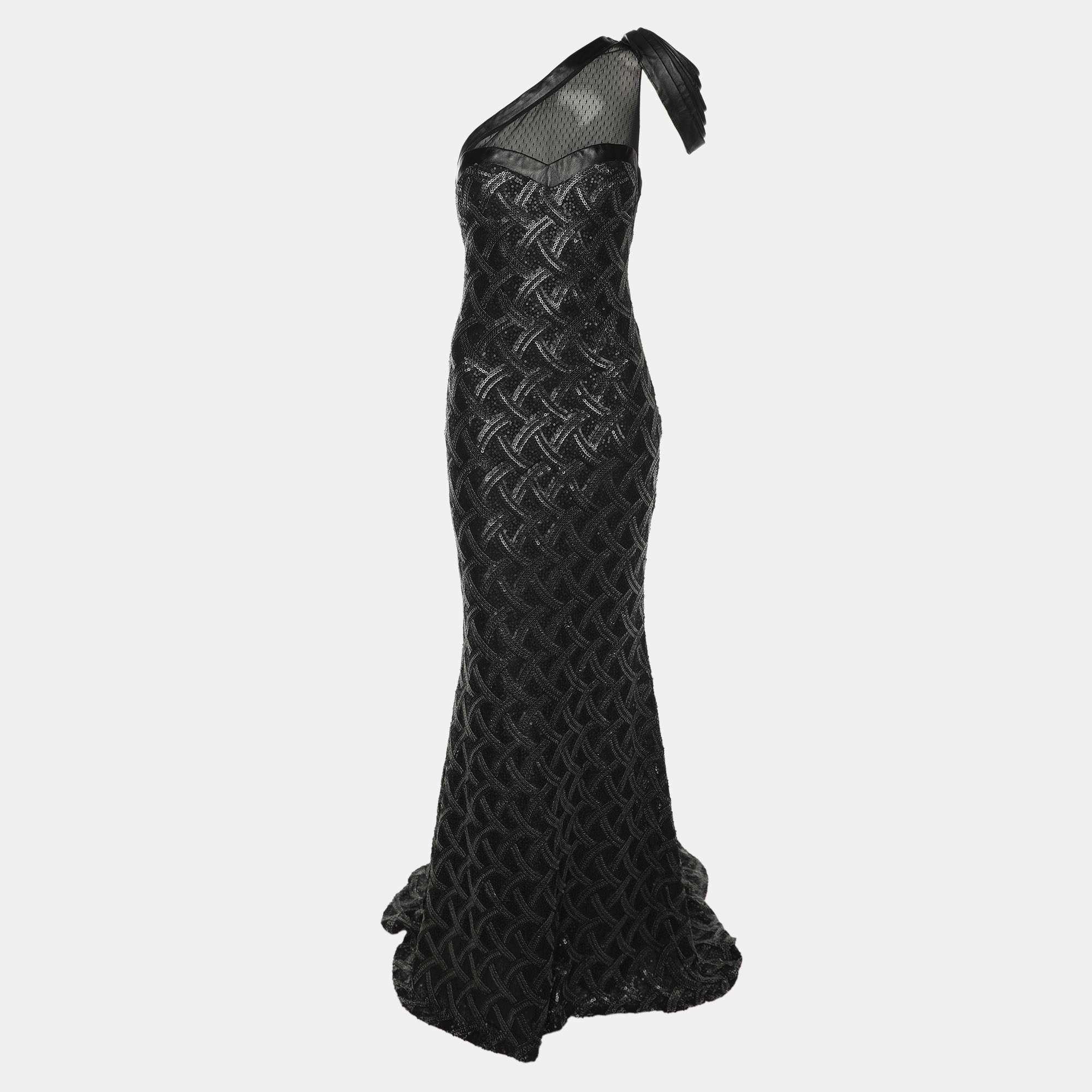 Pre Owned Badgley Mischka Black/Grey Sequin Tulle One Shoulder Dress S