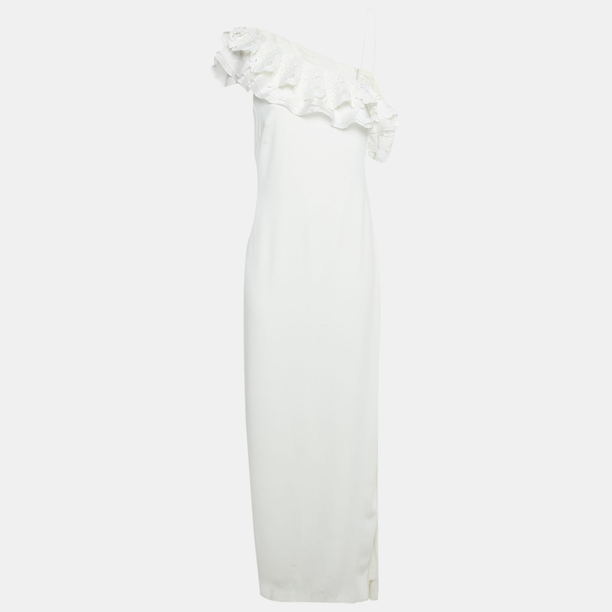 Pre Owned Badgley Mischka White Crepe Ruffle Lace Detail One Shoulder Gown M