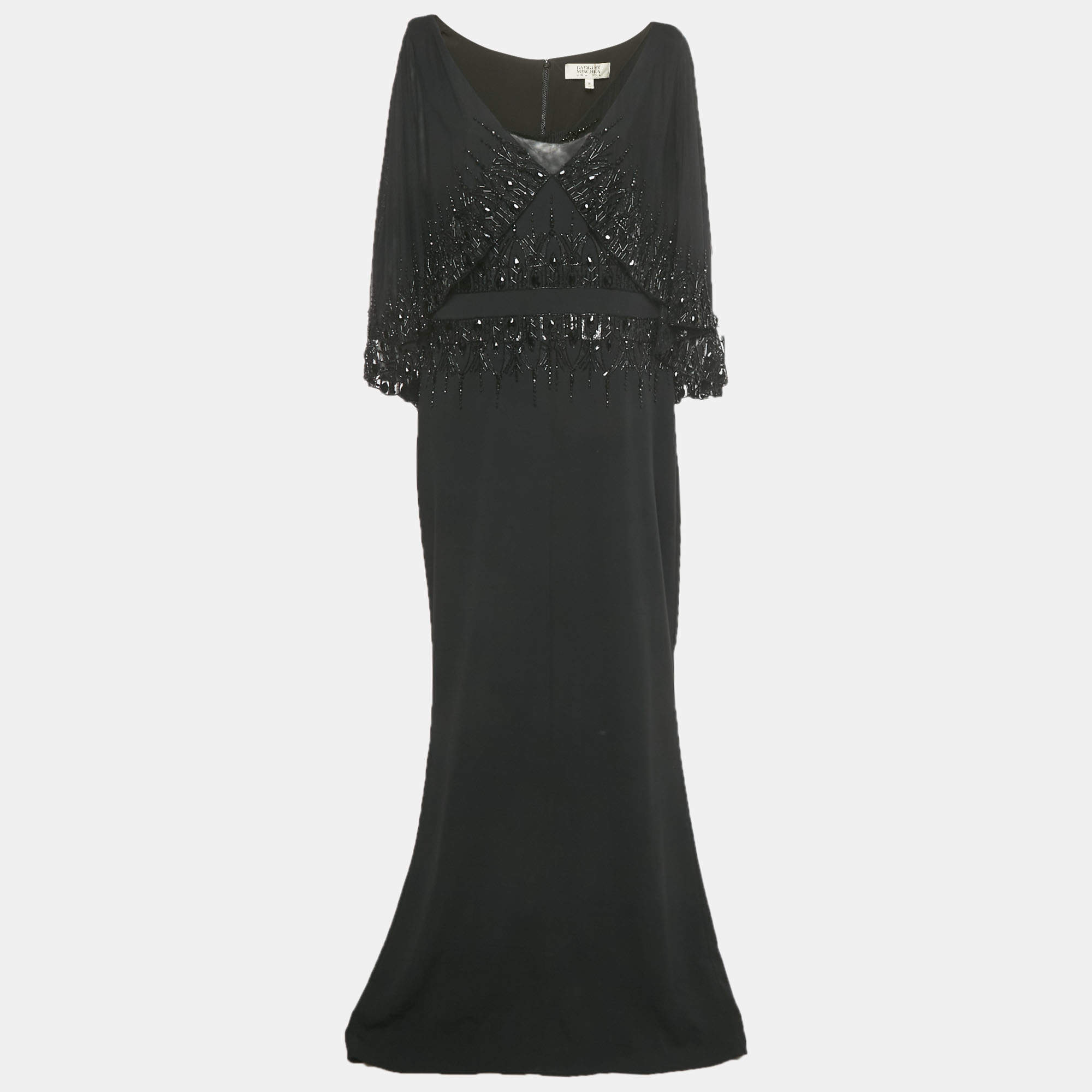 Pre Owned Badgley Mischka Black Embellished Overlay Crepe Gown XL