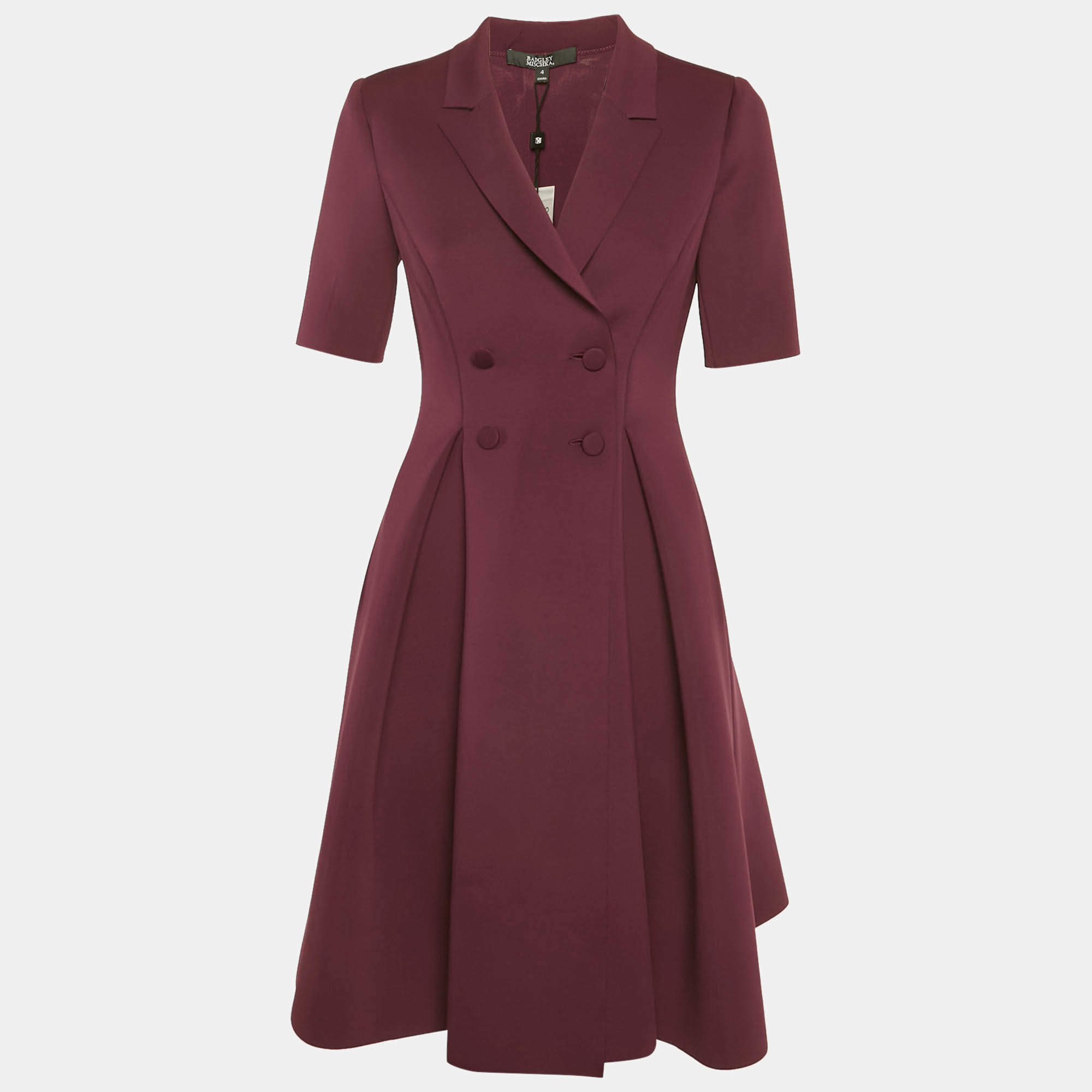 Pre Owned Badgley Mischka Burgundy Neoprene Double Breasted Mini Dress M
