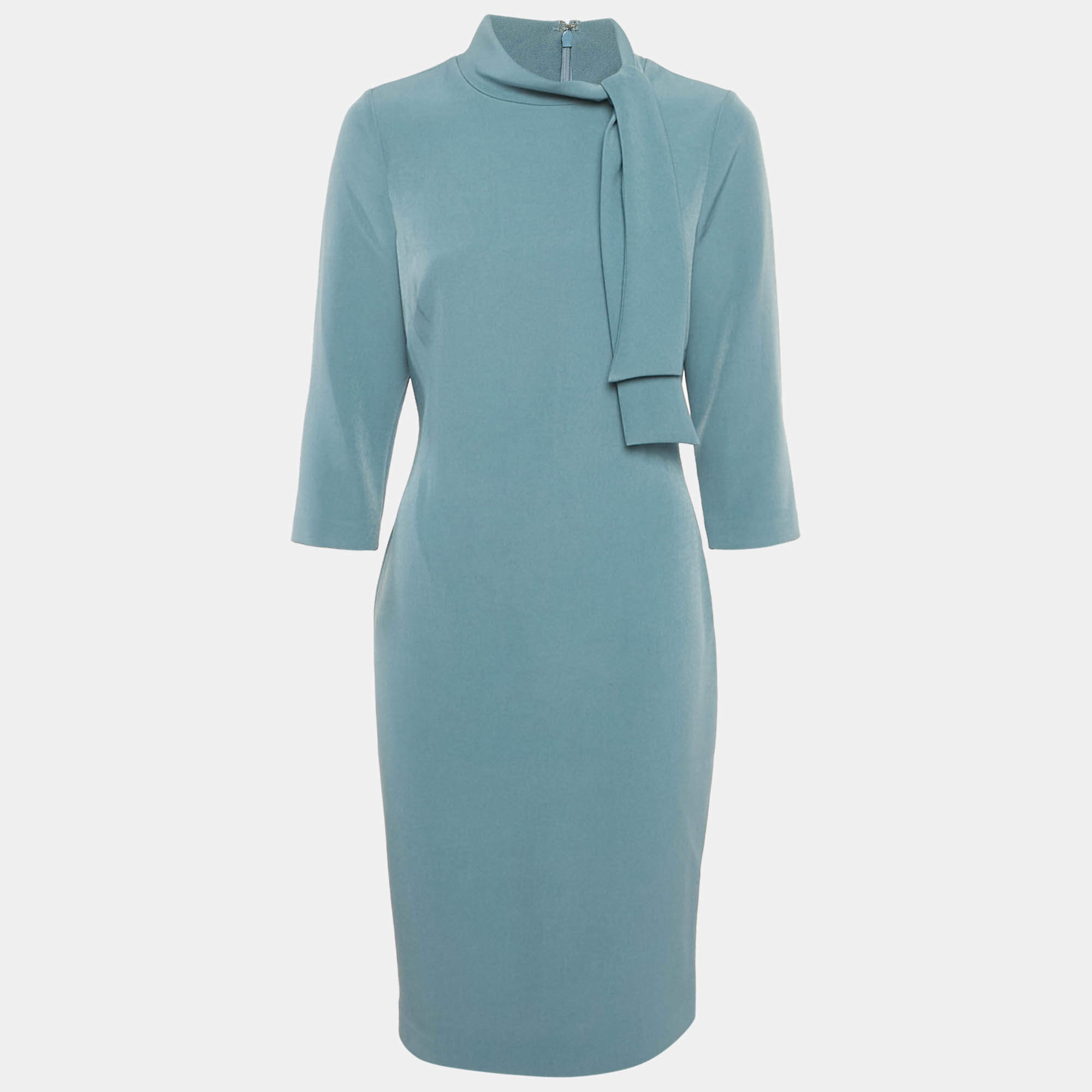 Pre Owned فستان ميني بادغلي ميشكا كريب أزرق فاتح بفيونكة مقاس صغير - سمول