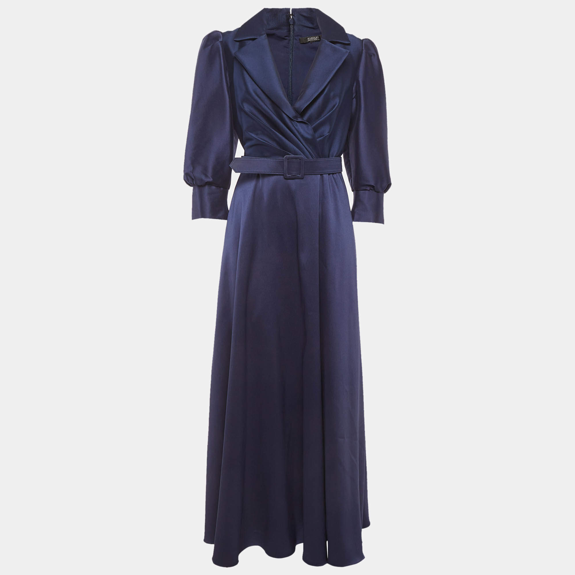 Pre Owned Badgley Mischka Navy Blue Twill Belted Collared Gown M