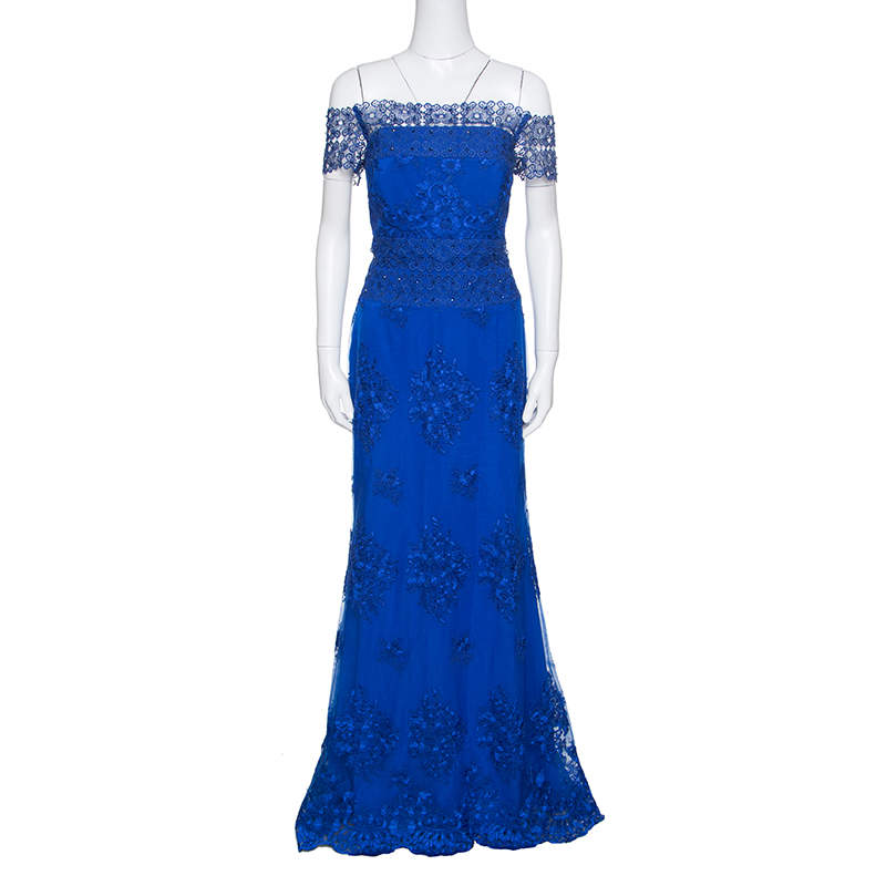Badgley Mischka Cobalt Blue Floral Embroidered Tulle Embellished Gown M