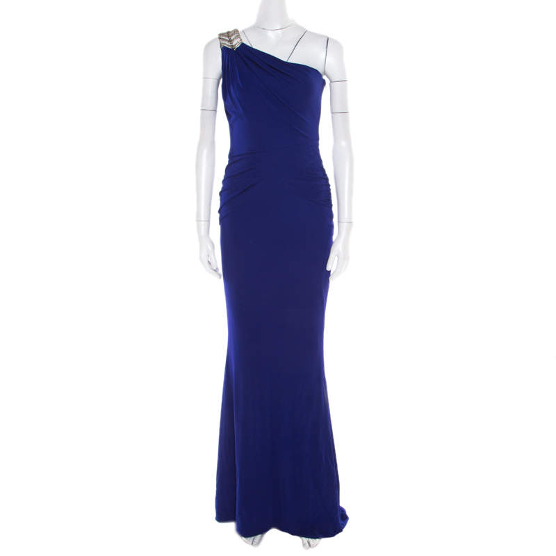 Badgley Mischka Collection Blue Knit Embellished One Shoulder Gown S