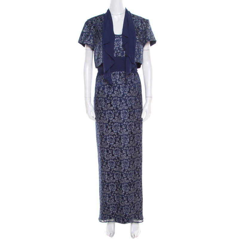 Pre Owned Badgley Mischka Blue Floral Metallic Lace Maxi Dress and Bolero Set L
