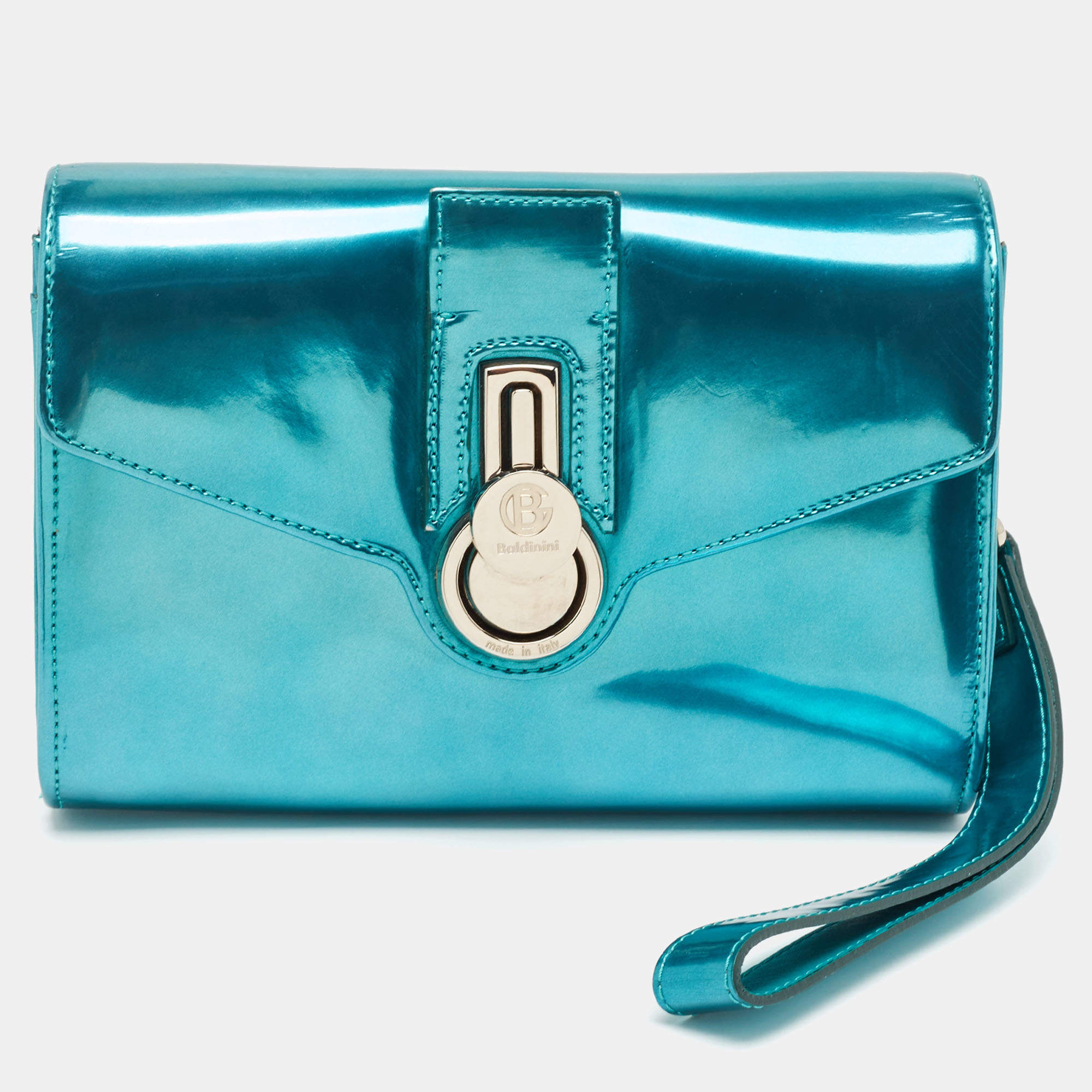 Baldinini Metallic Blue Patent Leather Flap Wristlet Clutch