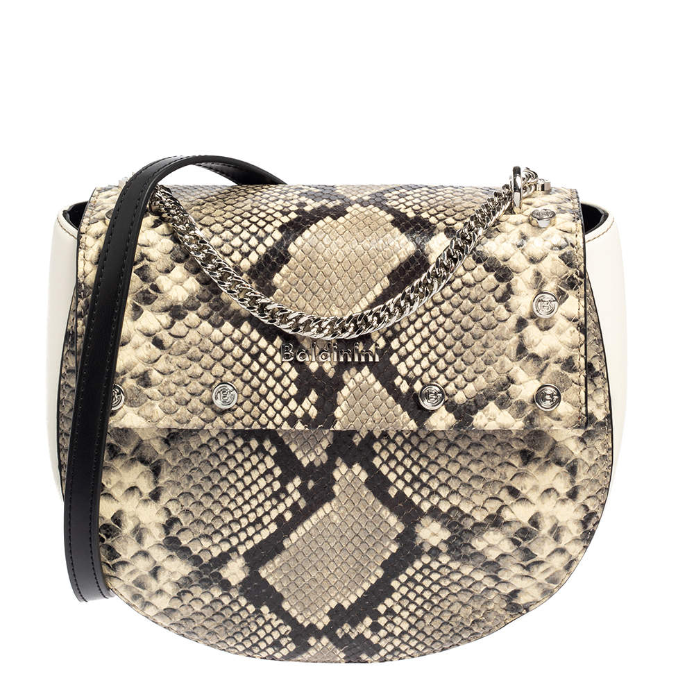 Baldinini White/Grey Python Embossed Leather and Leather Crossbody Bag
