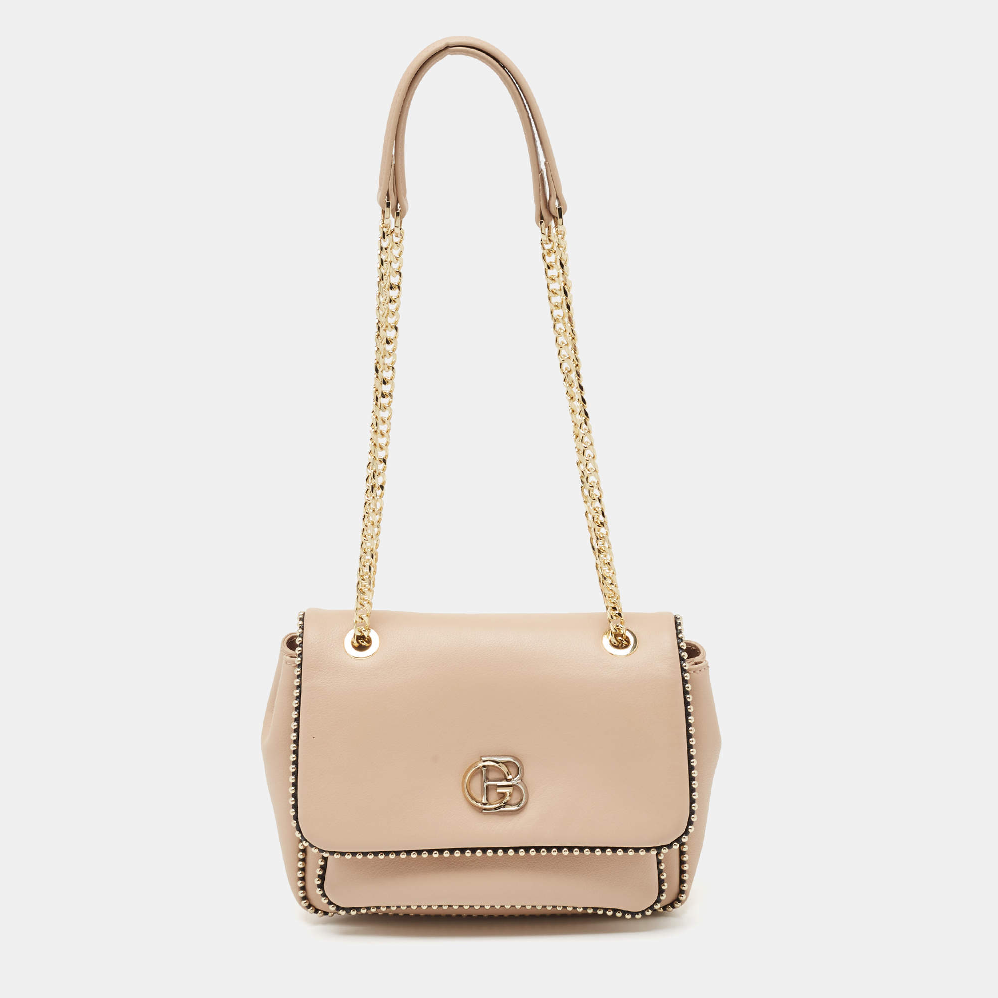 Baldinini Beige Leather Studded Flap Shoulder Bag