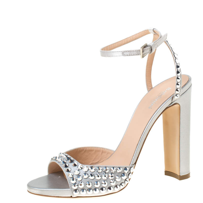 Baldinini Grey Studded Satin Open Toe Slingback Sandal Size 37.5