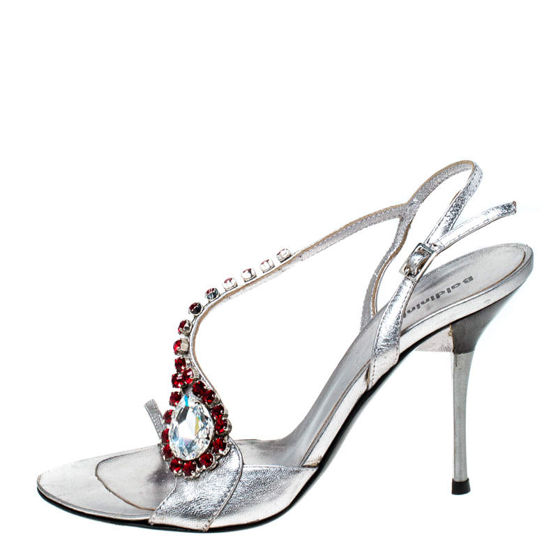 Baldinini Metallic Silver Leather Crystal Embellised Ankle Sandals