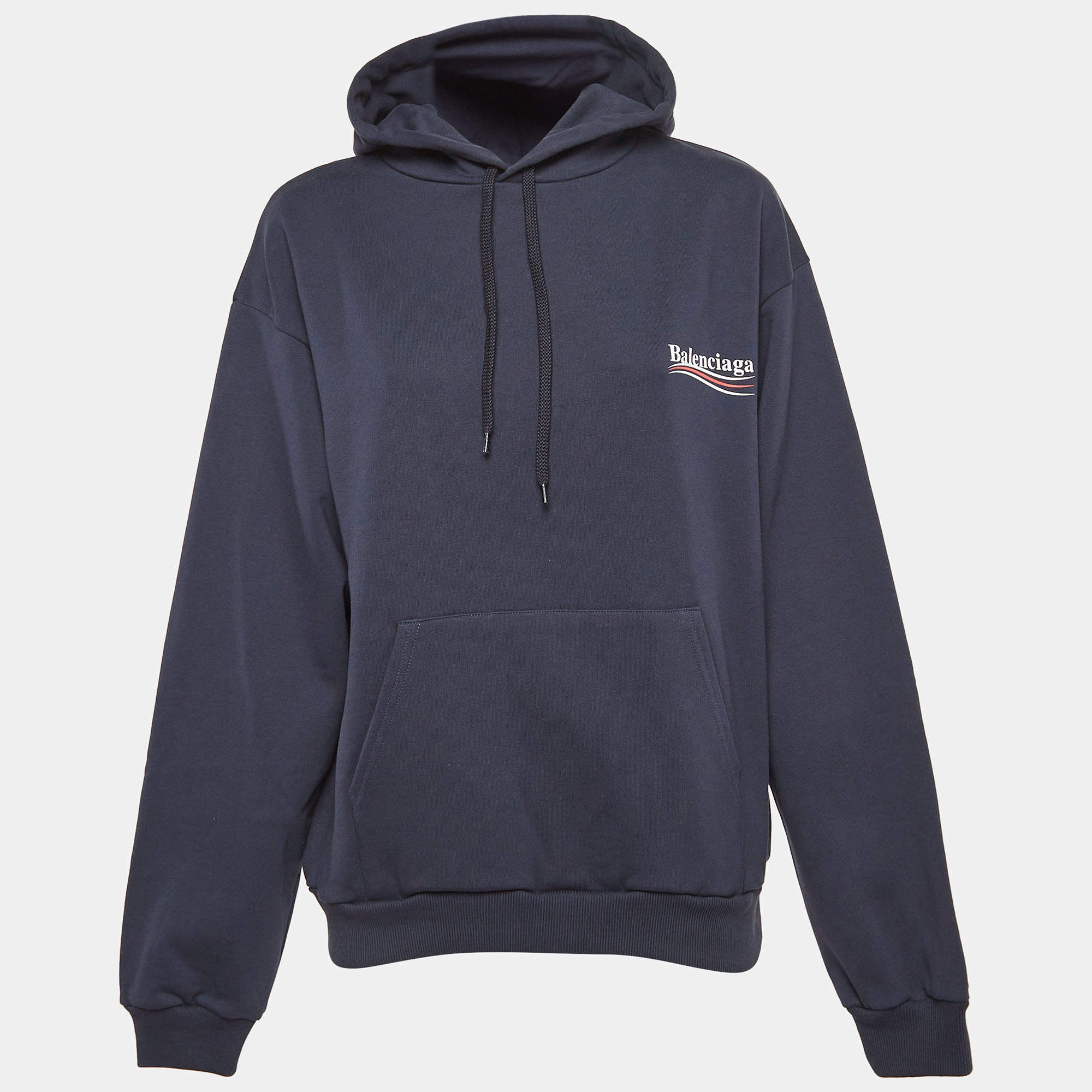 Pre Owned Balenciaga Navy Blue Political Campaign Print Cotton Oversized Hoodie M