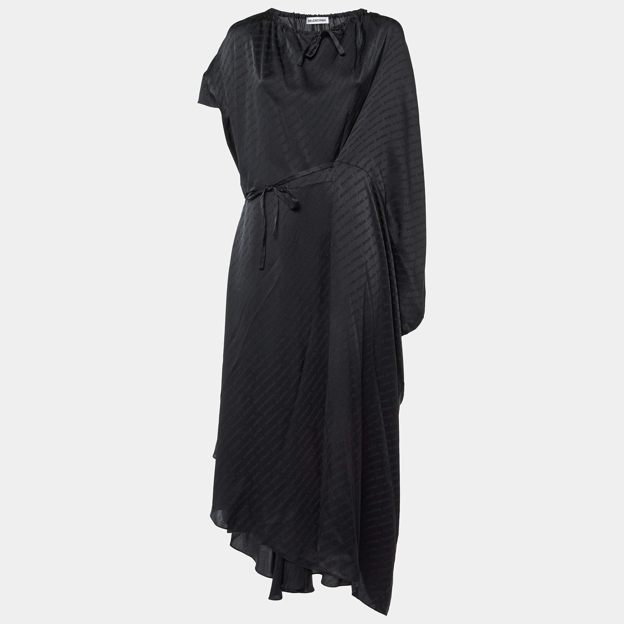Pre Owned Balenciaga Black Monogram Satin Silk Asymmetric Midi Dress M