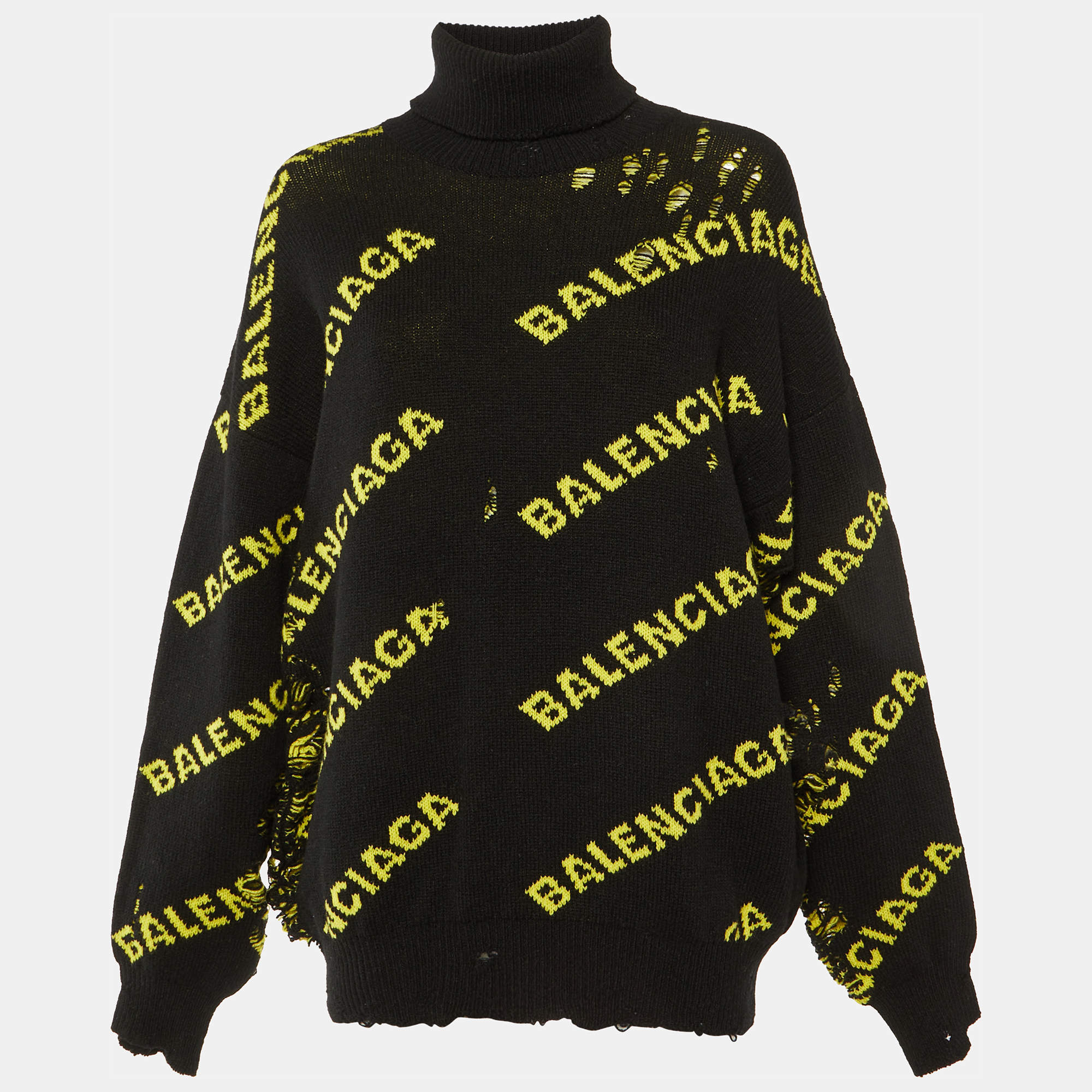 Balenciaga Black All Over Logo Wool Knit Distressed Sweater M