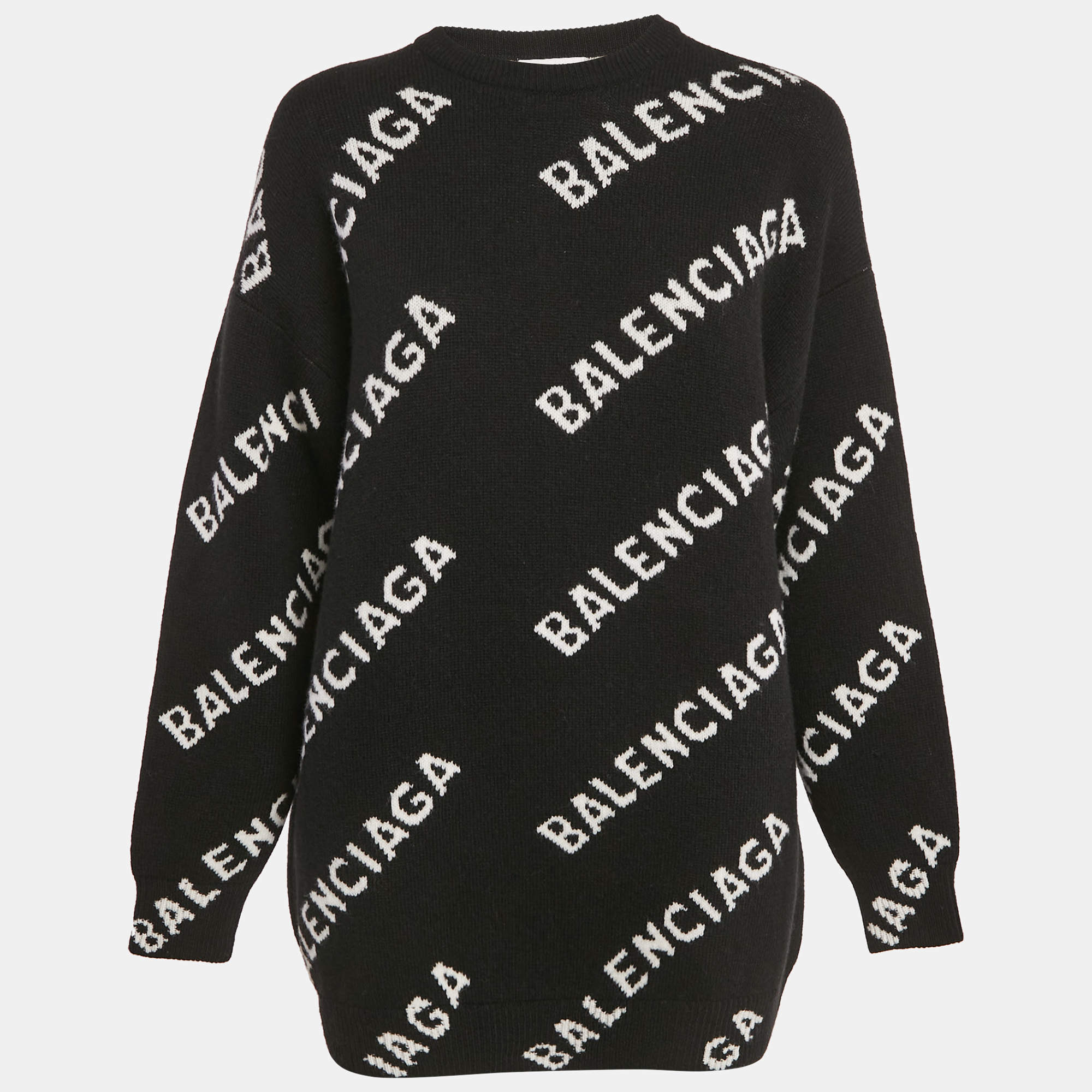 Balenciaga Black Allover Logo Jacquard Wool Crew Neck Oversized Jumper XS