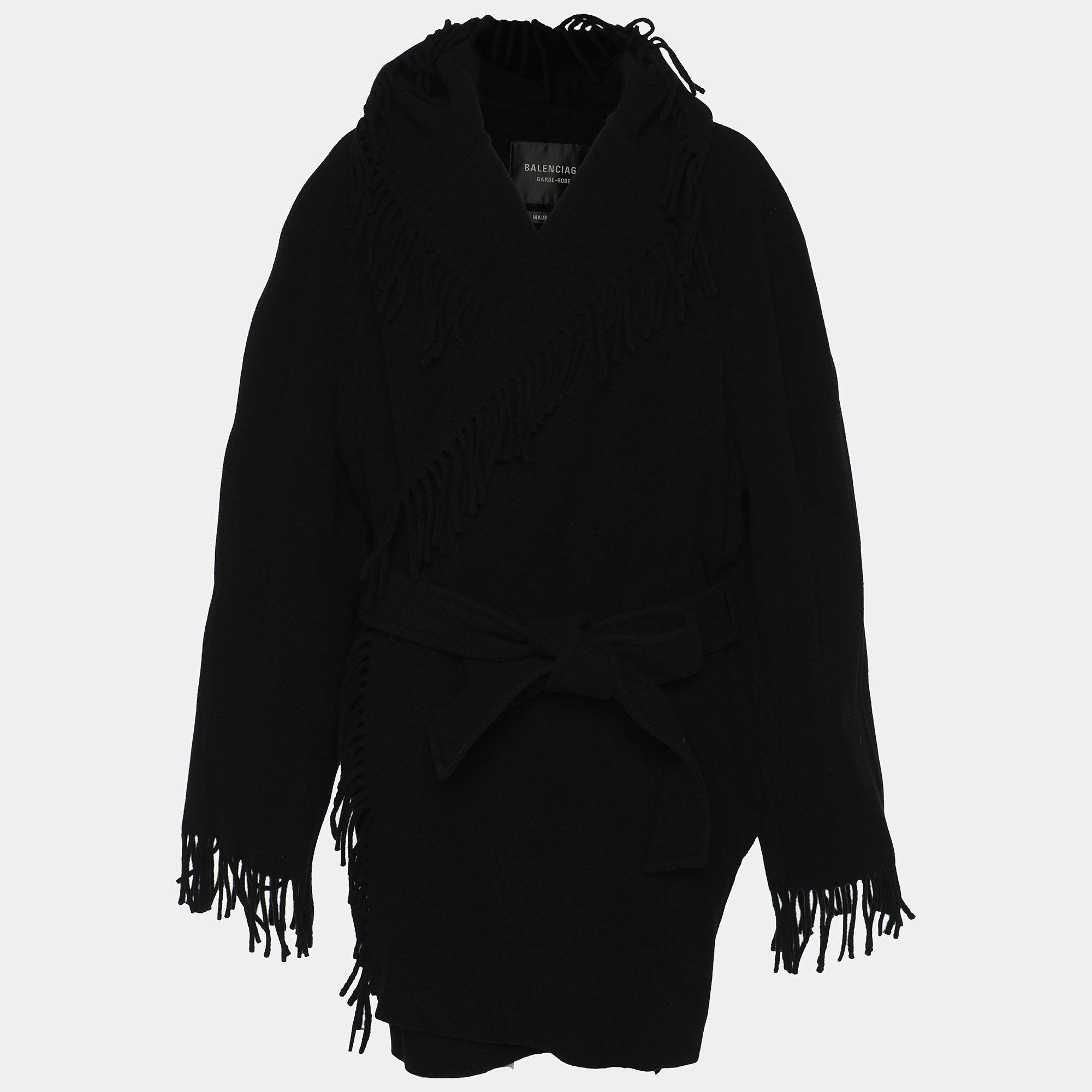 Balenciaga Black Wool Fringe Edge Hooded Cardi Coat M