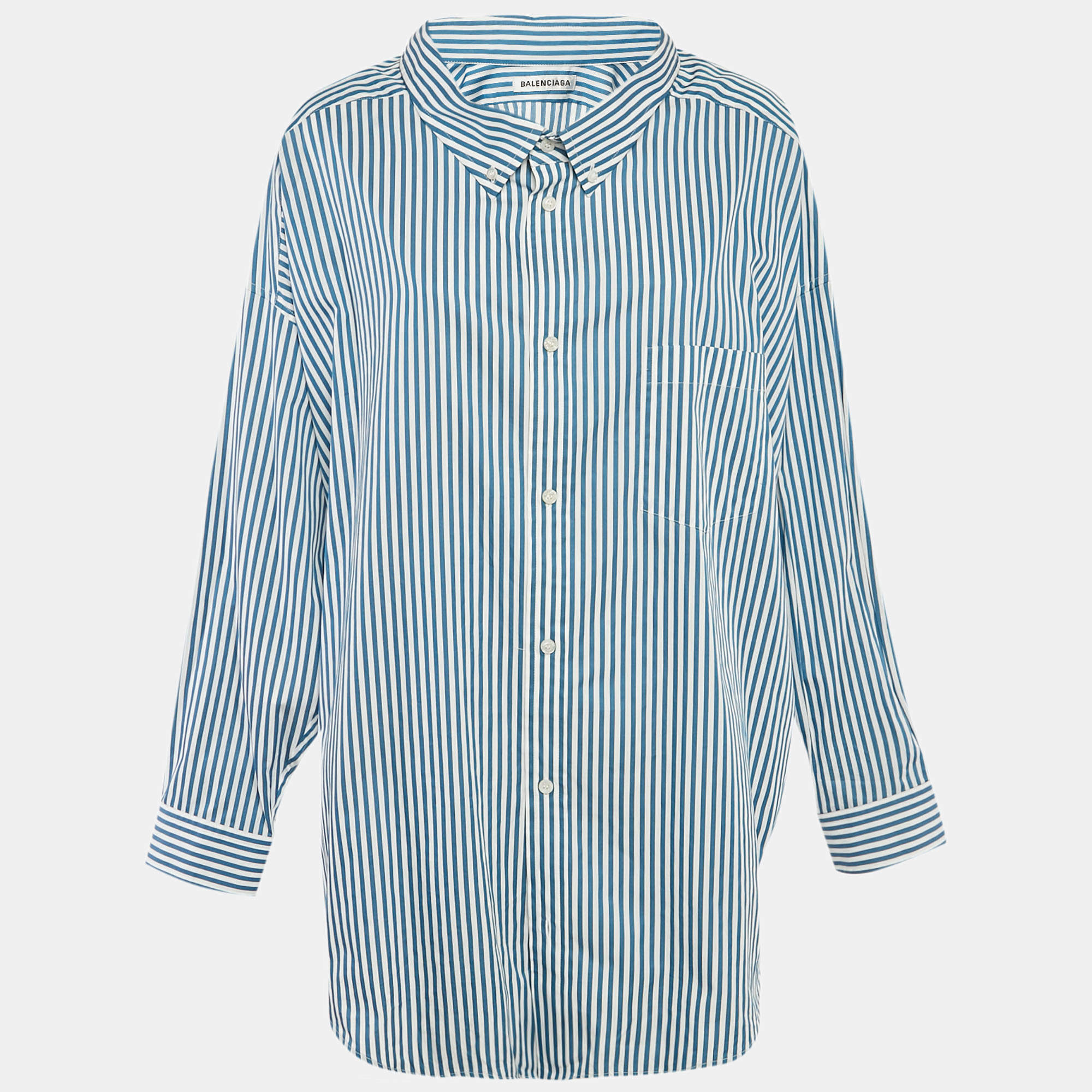 Pre Owned Balenciaga Blue Stripe Cotton Poplin Swing Shirt S
