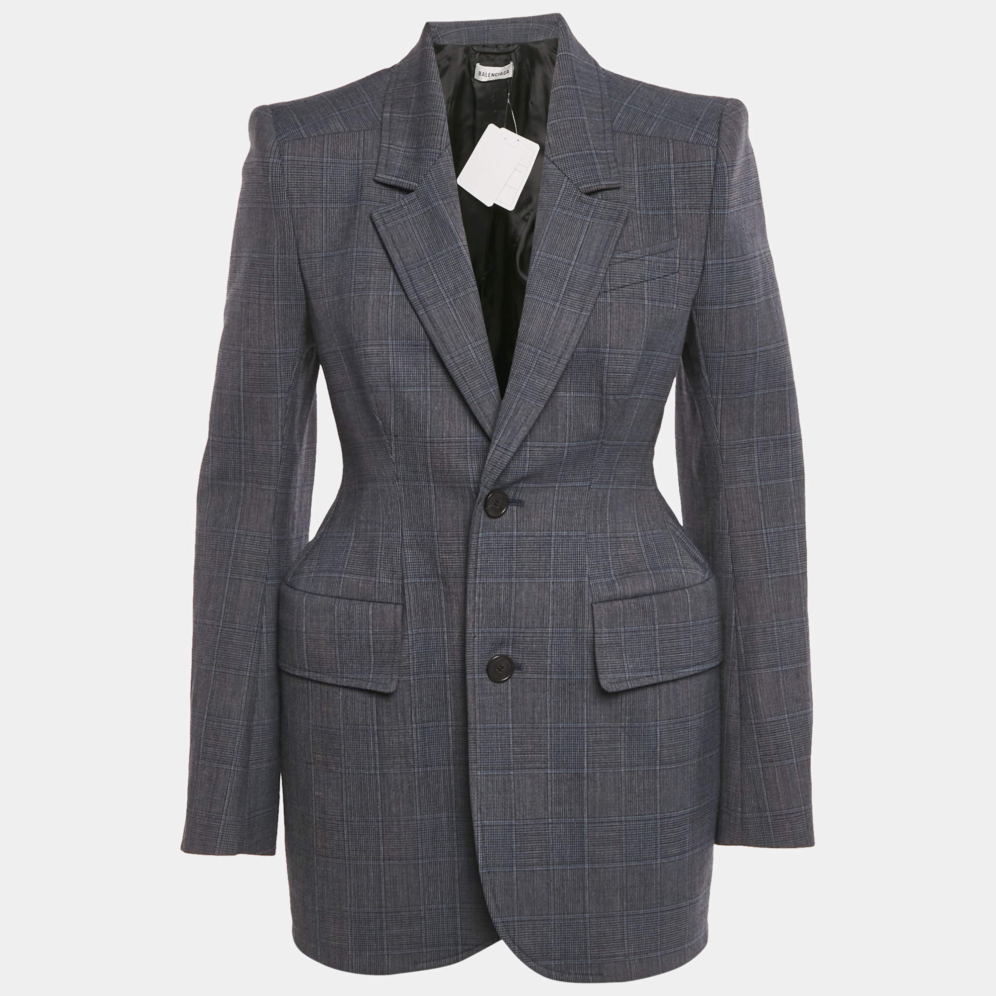 Pre Owned Balenciaga Blue Prince Of Wales Hourglass Structured Blazer S